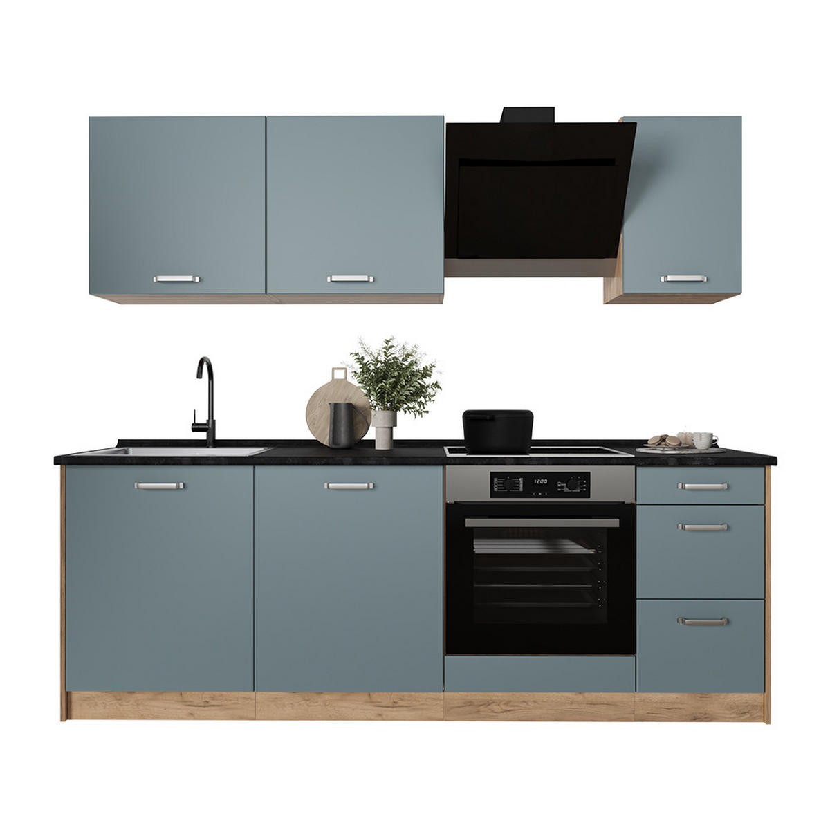 KÜCHENZEILE R-Line, Blau-Grau/Goldkraft Eiche, 220 cm Arbeitsplatte Marmor - Honigeiche/Blaugrau, Holzwerkstoff (220/81.6/60cm) - Vicco