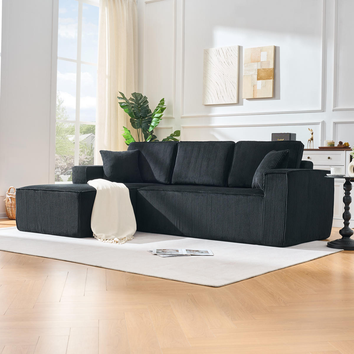 ECKSOFA Cord Schwarz mit 2 Kissen - Schwarz, Textil (235/128cm) - WISHDOR