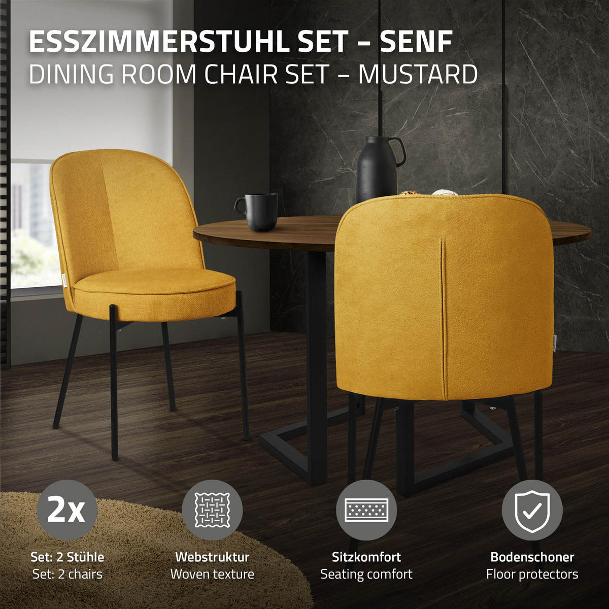 JÍDELNÍ ŽIDLE, sada 6 ks, hořčičná, s látkovým potahem - černá/žlutá, kov/textil (50/83/63cm) - ML-DESIGN