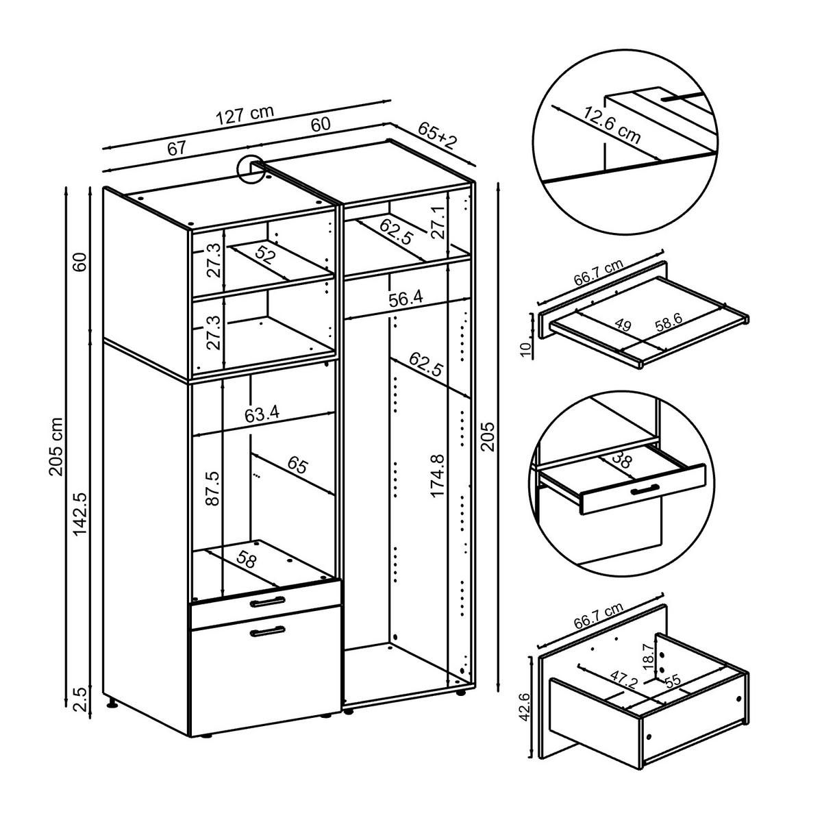 WASCHMASCHINENSCHRANK Serie 2 127cm Breit, 205cm Hoch - Schwarz, Holzwerkstoff (127/205/67cm)