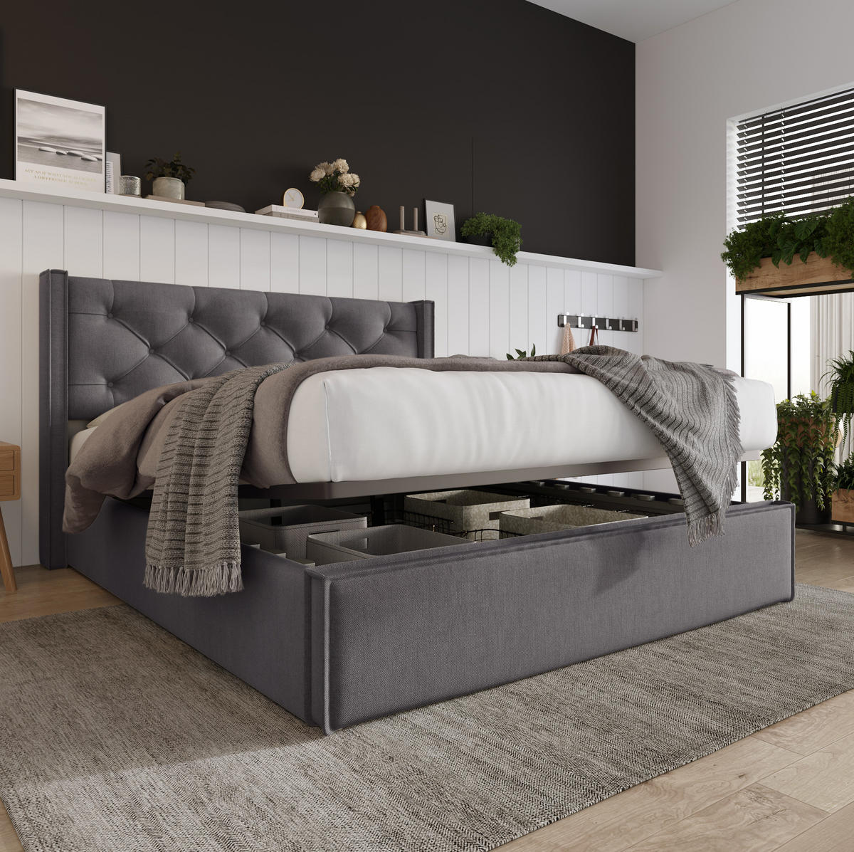 POLSTERBETT 140/200 cm Grau aus Baumwolle mit Bettkasten - Grau, Textil (140/200cm) - OKMYHOME
