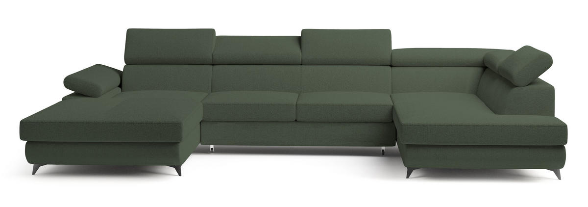 WOHNLANDSCHAFT RUBANO R-S Grün Boucle-Stoff mit Schlaffunktion - Grün, Holz (339/89/190cm) - MASSENO