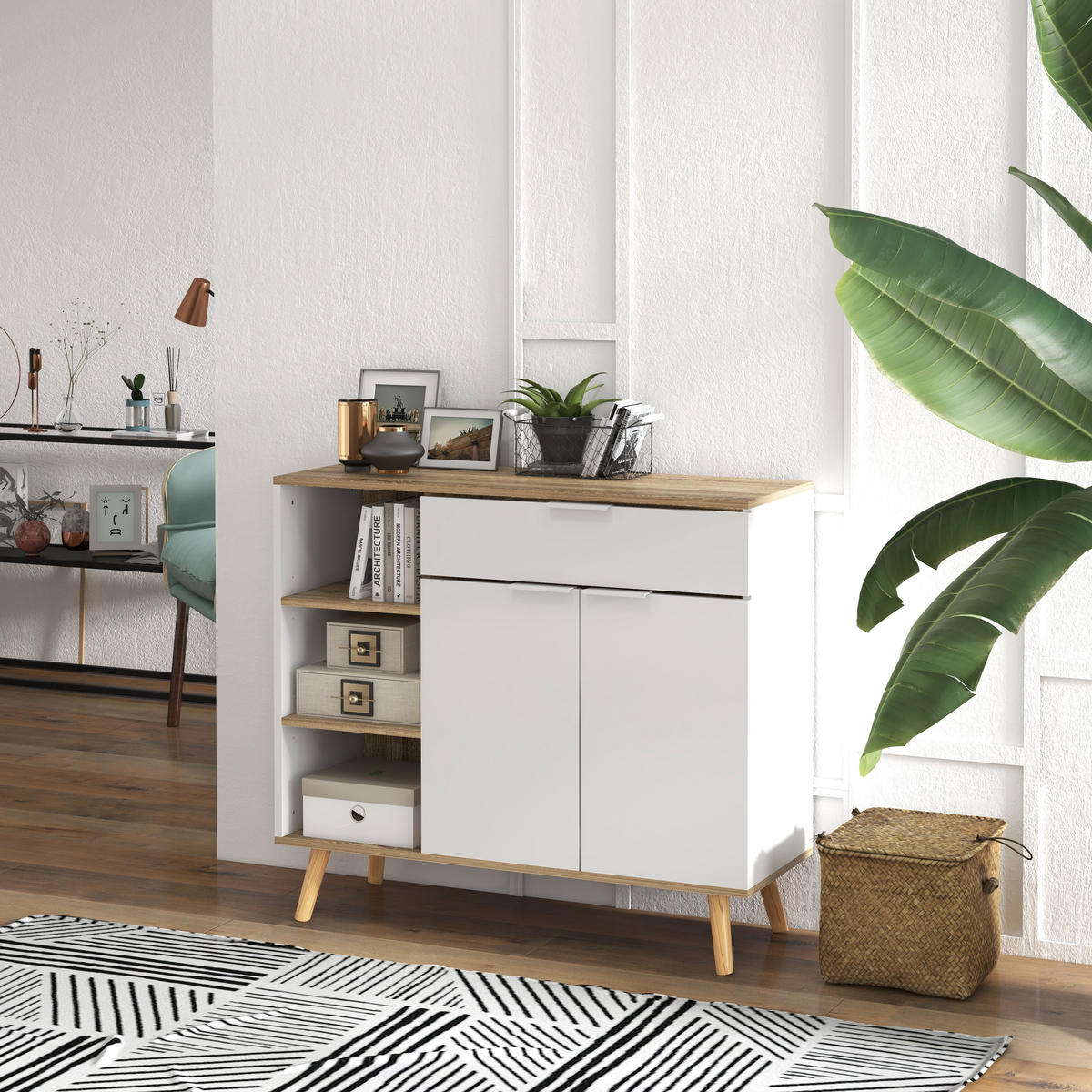 SIDEBOARD Weiß und Natur, 1 Schublade, 2 Türen, 95/35/85 cm - Weiß, Holz (95/85/35cm) - PANGIVO