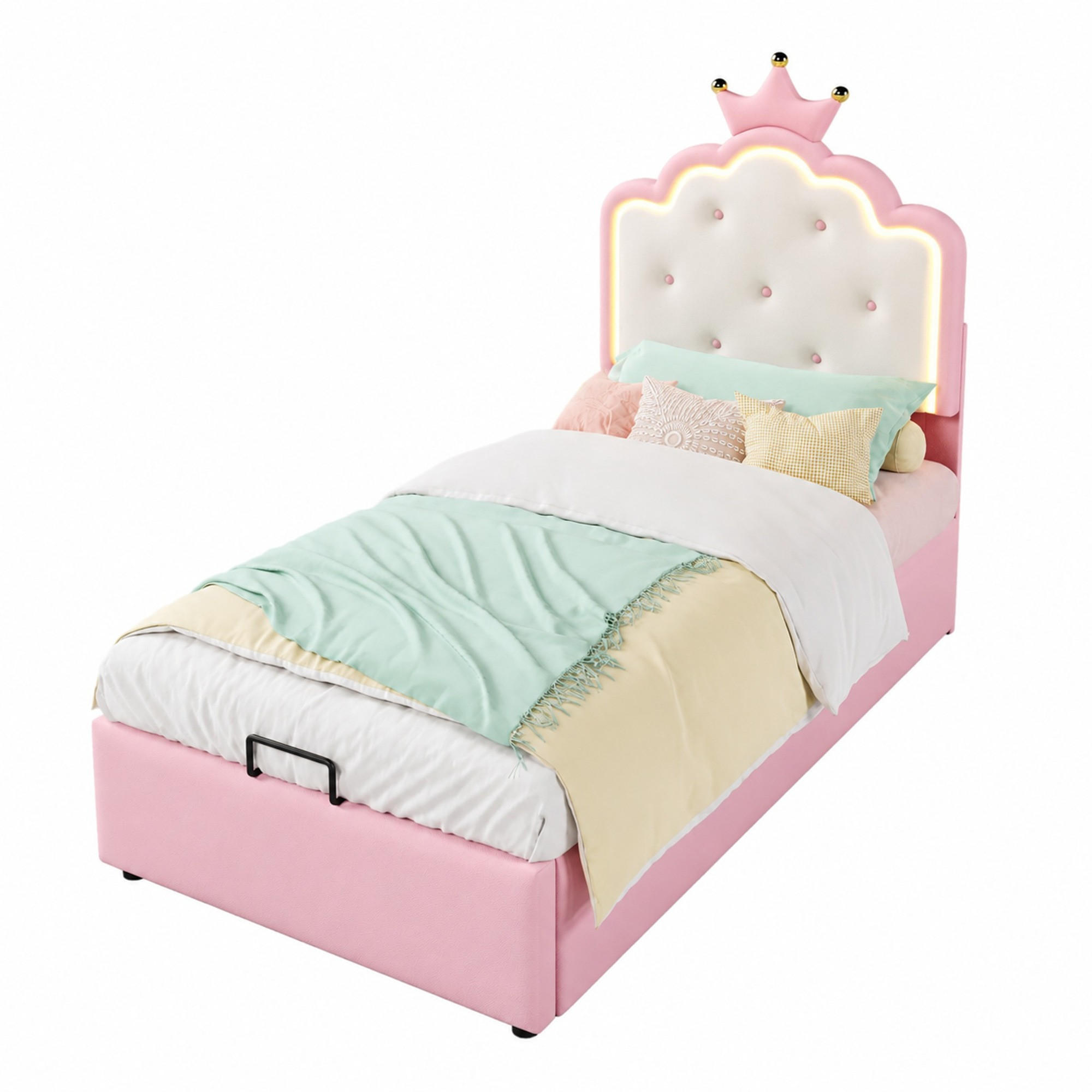 KINDERBETT 90/200 mit LED, hydraulischem Stauraum und Lattenrost aus PU in Rosa - Rosa, Holzwerkstoff/Textil (90/200cm) - EVRYAE