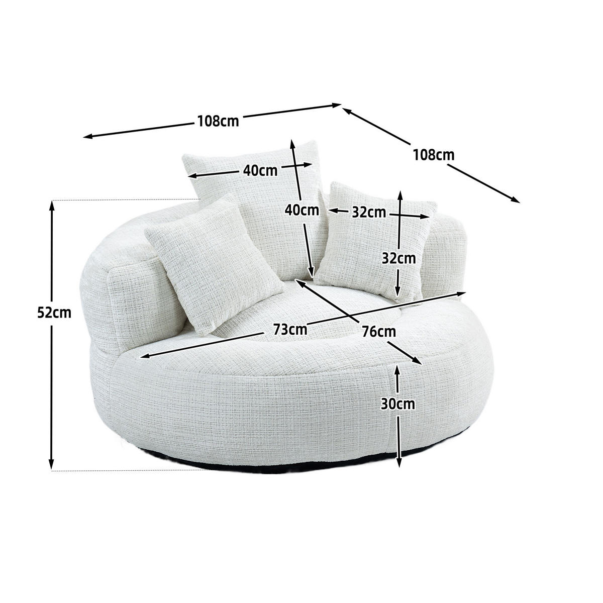 SITZSACK Chenille, Sofa mit 3 extra Kopfkissen,Chenille,Weiß - Weiß, Textil (108/52/108cm) - LVHOM