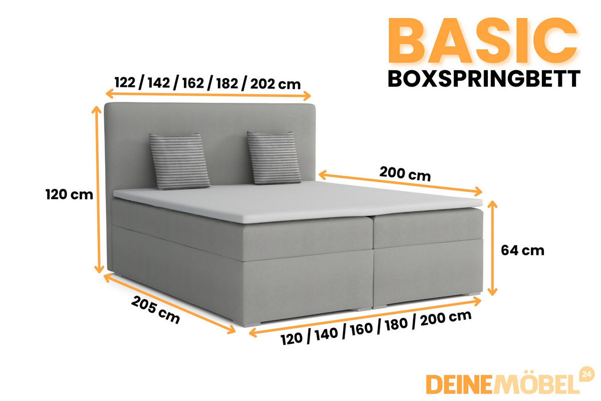BOXBETT BASIC 180/200 Velours Hellgrau mit Taschen-Federkernmatratzen 7 Zonen H4 - Hellgrau, Holz/Holzwerkstoff (180/200cm) - Deine Möbel 24