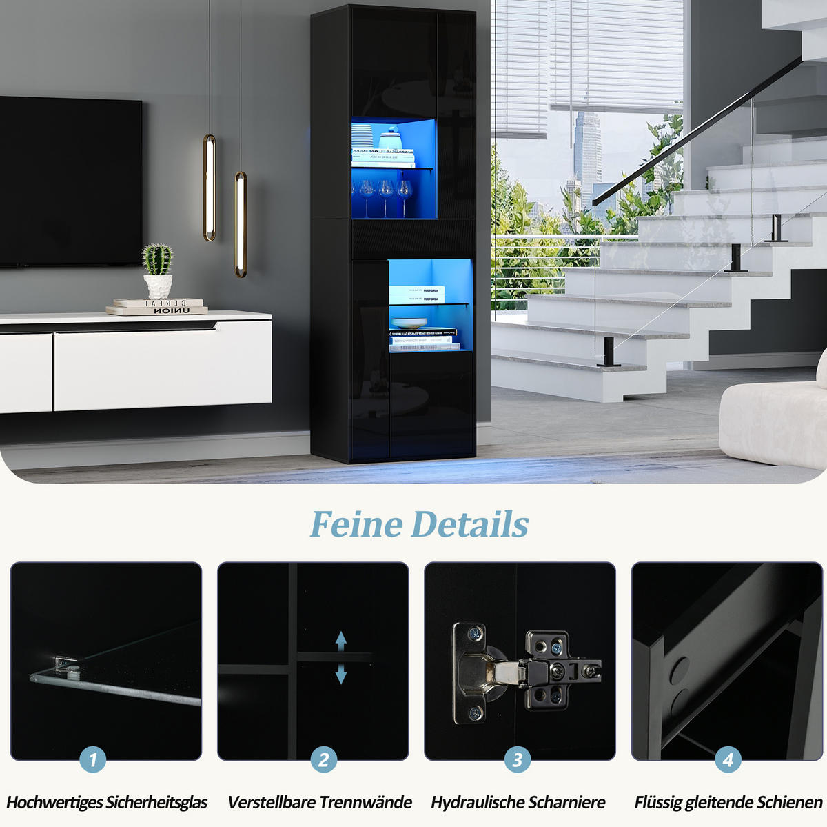 VITRINE aus Spanplatte 55x38x170 cm Schwarz mit LED-Beleuchtung, Hochglanzfront und verstellbaren Einlegeböden - Schwarz, Holzwerkstoff (55/170/38cm) - Modfu