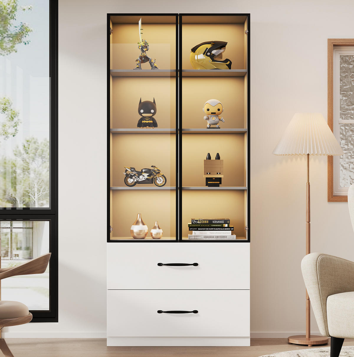VITRINE 60/40/160 cm aus Spanplatte mit LED-Beleuchtung und 2 Schubladen Weiß - Weiß, Holzwerkstoff (60/160/40cm) - Modenvie