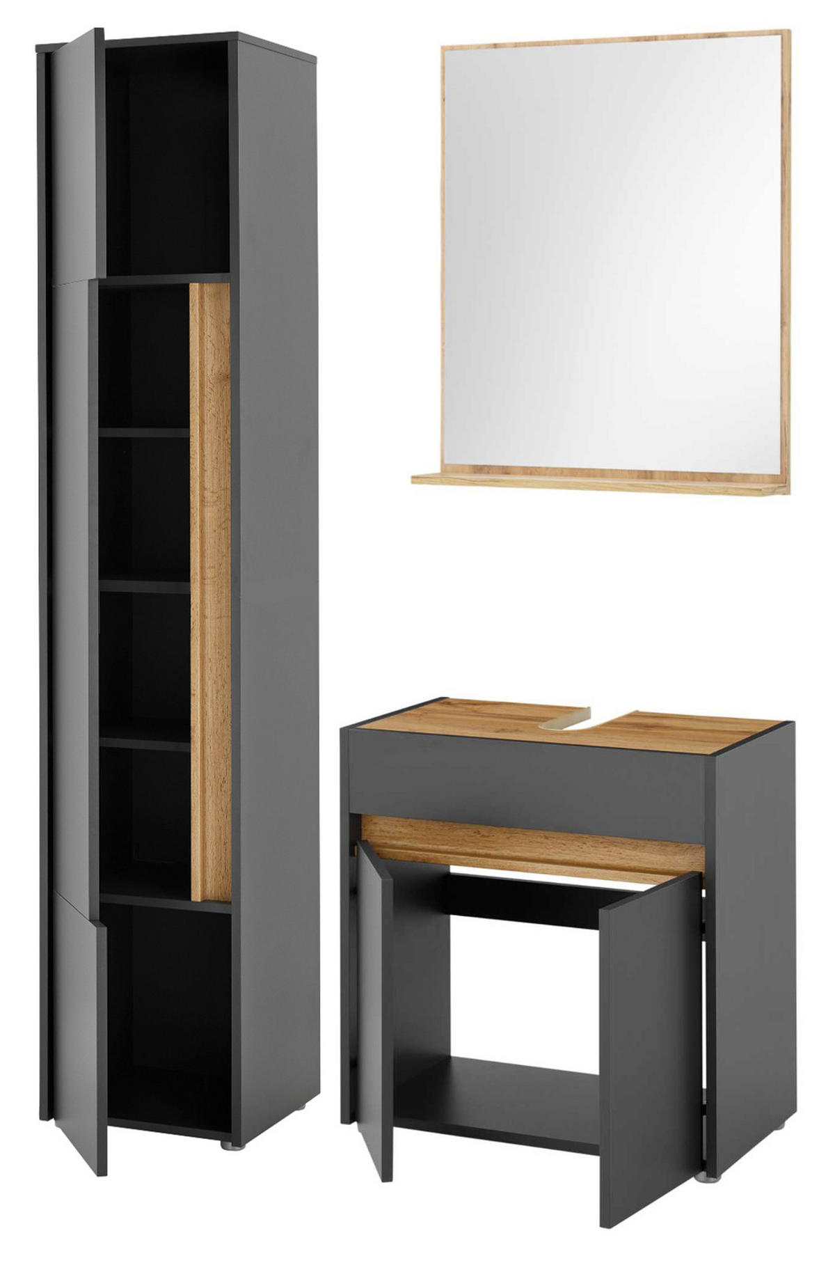 BADMÖBEL-SET 3-teilig grau matt, Wotan Eiche, Badkombination 114 cm - Eiche Wotan/Schwarz, Glas/Holzwerkstoff (116/200/34cm) - Furn.Design
