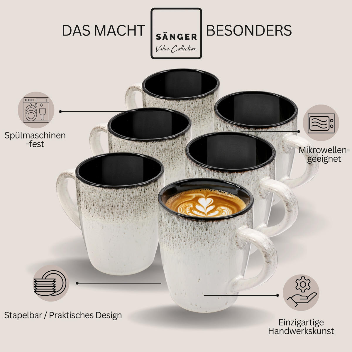 KAFFEEBECHER SET SANSIBAR - 6 teilig aus Steingut - Schwarz, Keramik (0.43L) - Sänger
