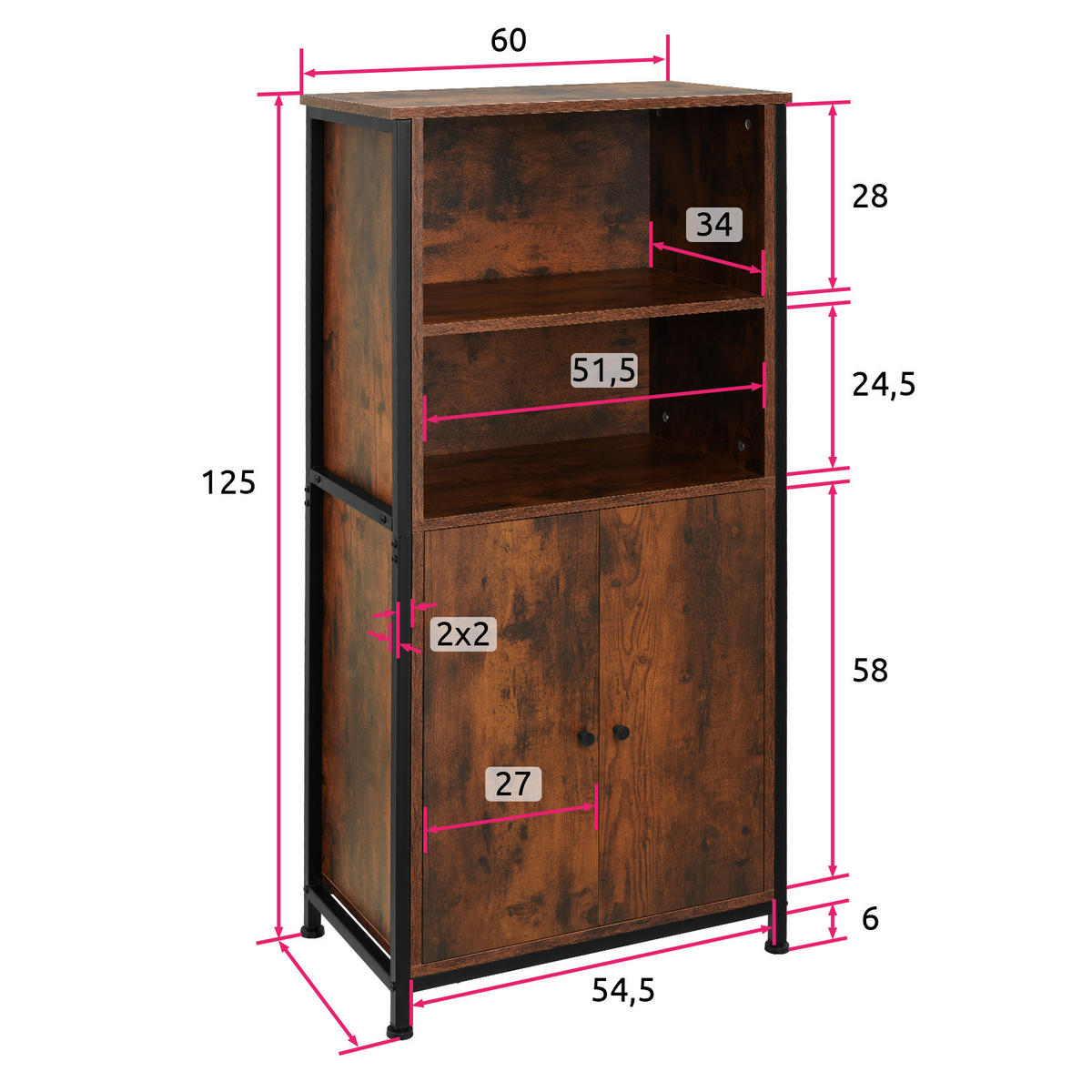 HIGHBOARD Doncaster,mit höhenverstellbaren Füßen, 60 x 38 x 125 cm,Industrial Holz dunkel, rustikal - Rostfarben, Holzwerkstoff (38/125/60cm) - tectake