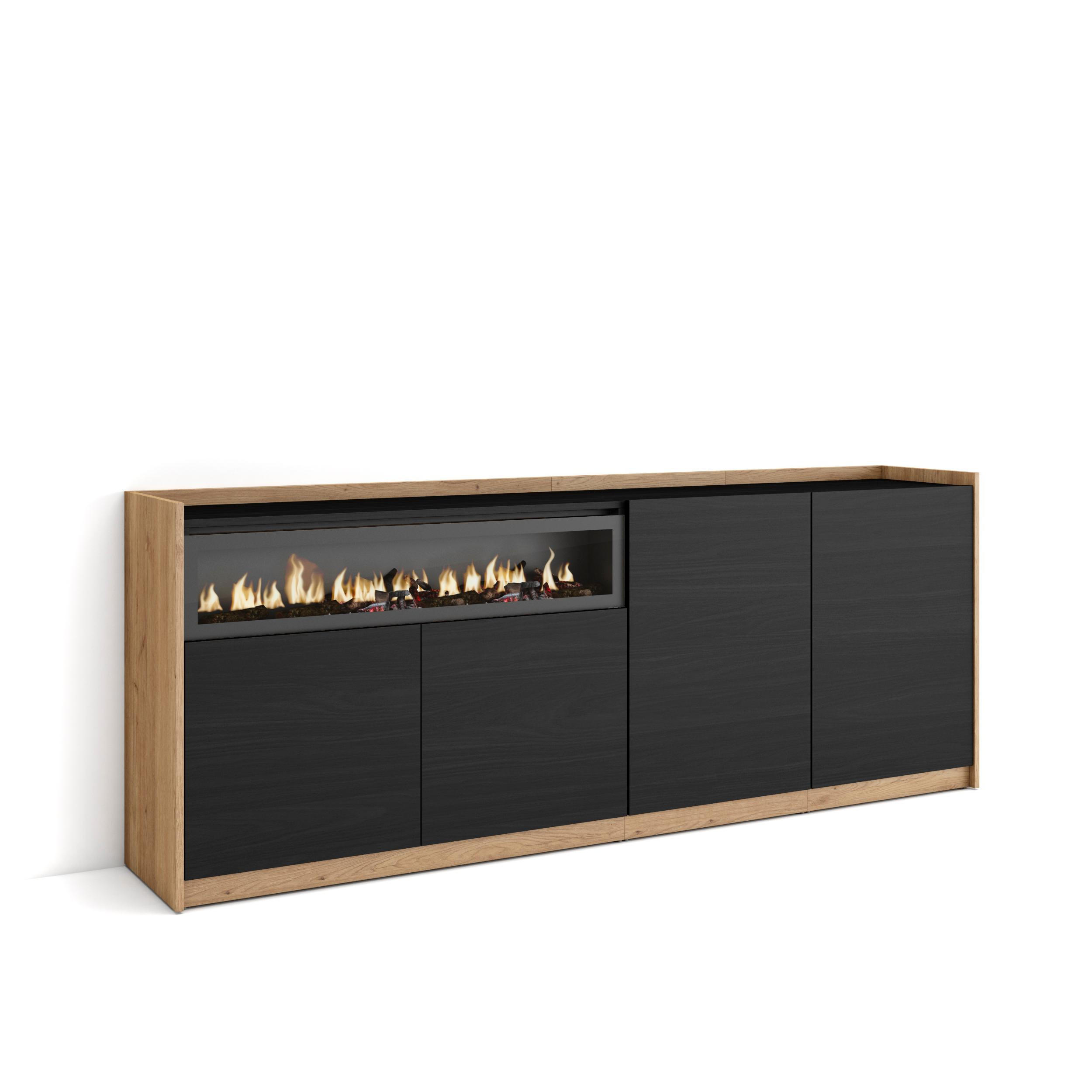 SIDEBOARD, Highboard, Schwarz Eiche, Elektrokamin, 207/37/80cm - Schwarz, Holzwerkstoff (207/80/37cm) - Skraut Home