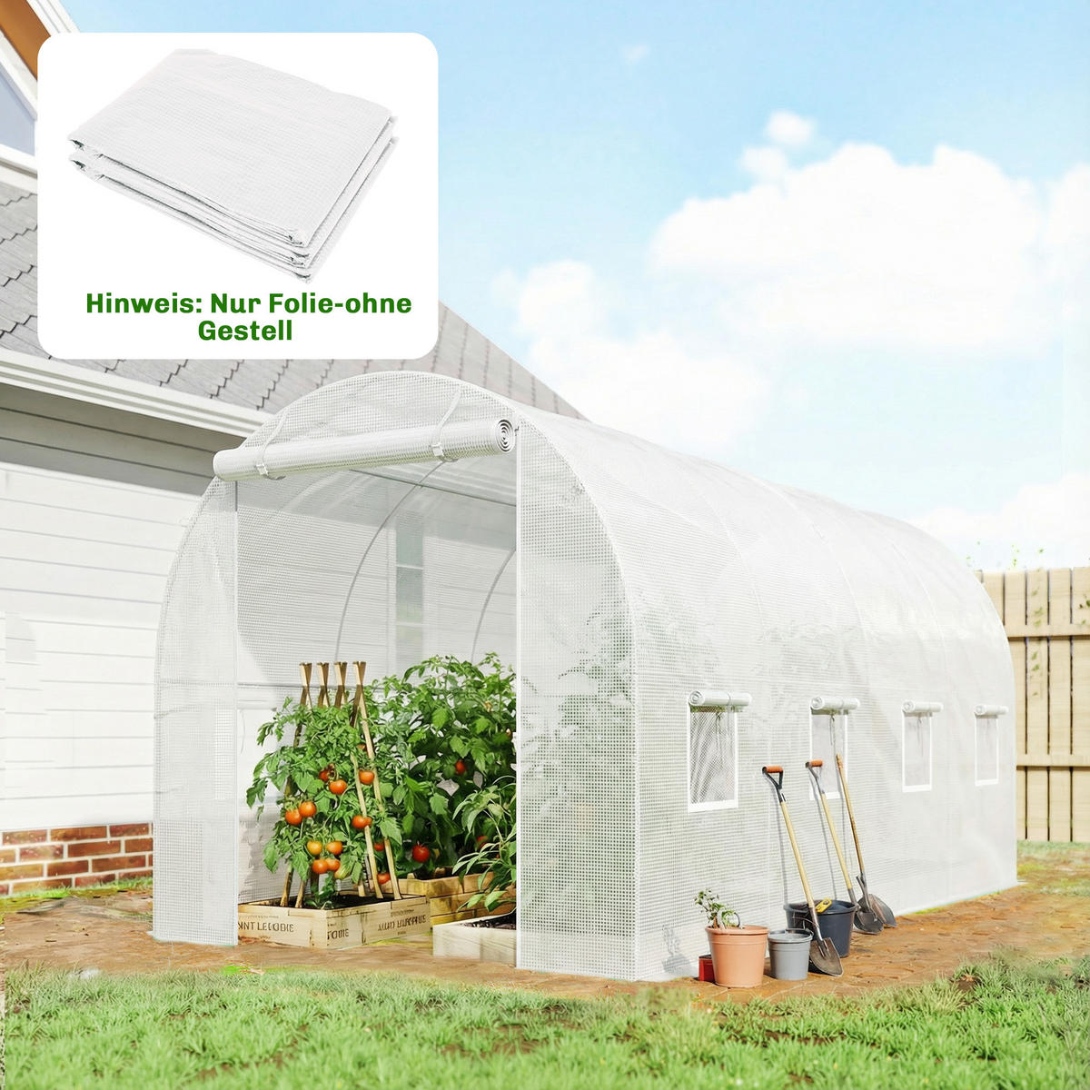 GEWÄCHSHAUSFOLIE DE-05802 mit Tür und 8 Fenstern 400/200/200 cm Weiß - Weiß, Kunststoff (200/200/400cm) - ComfortXL