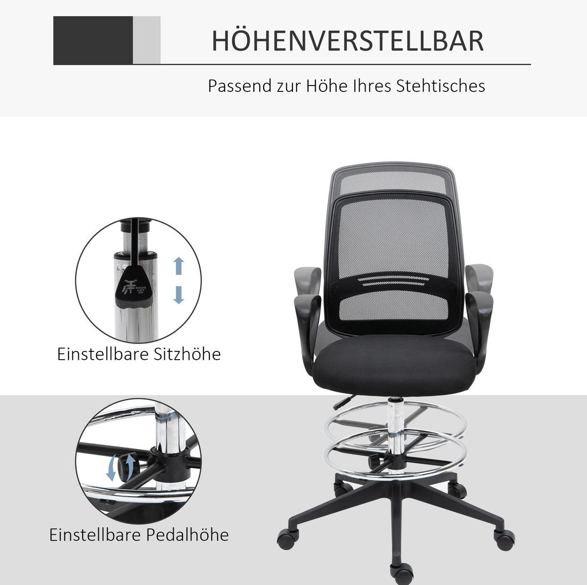 BÜROSTUHL in Schwarz 60x59,5x126 cm, höhenverstellbar, mit Fußstütze und Rollen - Schwarz, Kunststoff (59.5/126/60cm) - IVMEU