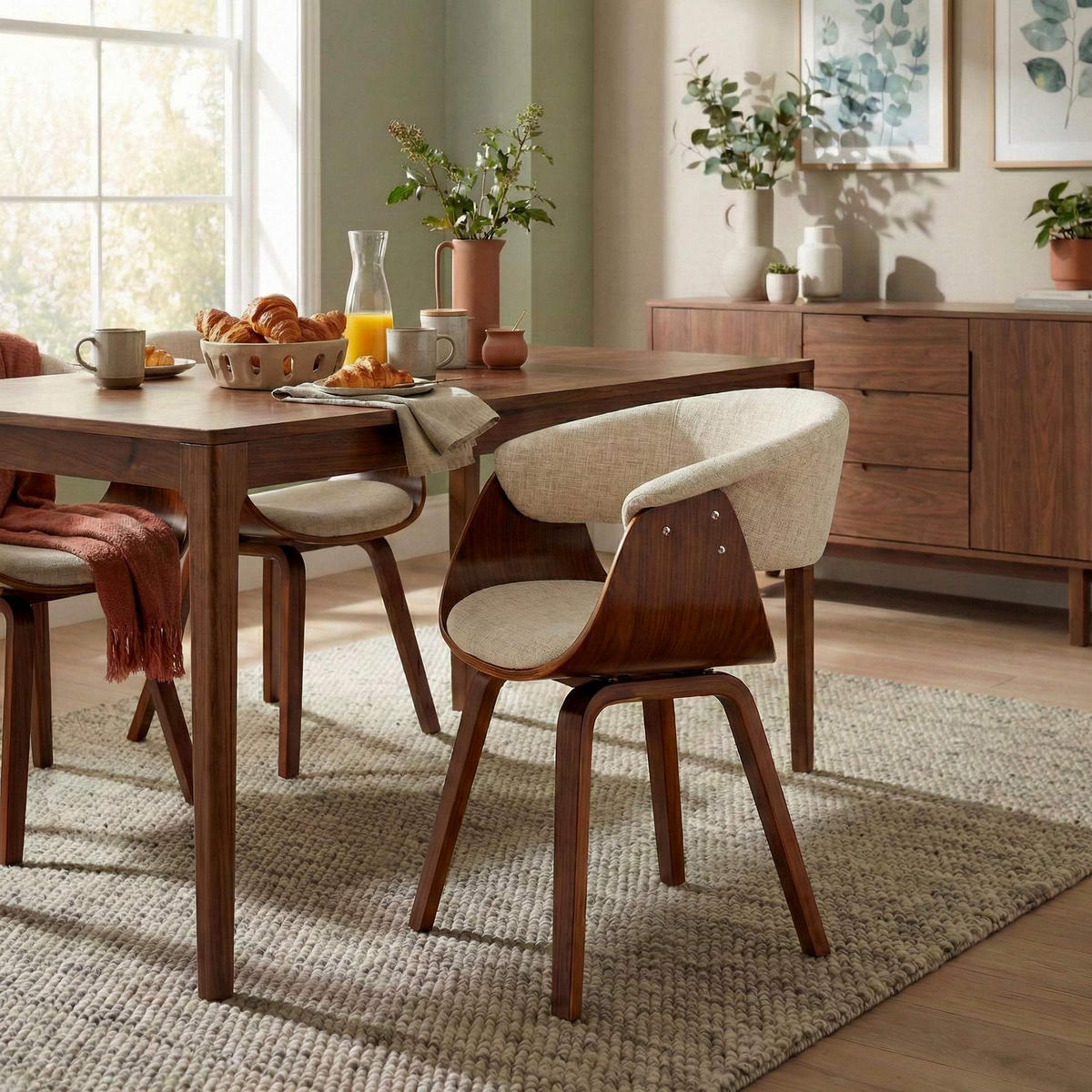 STUHL Stoff Creme - Walnussfarben/Creme, Holz/Textil (60/75/55cm) - CLP