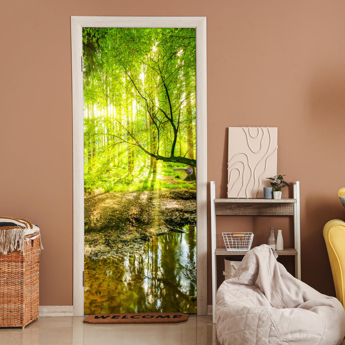 TÜRAUFKLEBER Wald - Landschaft - Wasser - Bäume - Sonne - Grün - Natur 80x215 cm - Türtapete - Hellgrün, Kunststoff (80/0.1cm) - MuchoWow