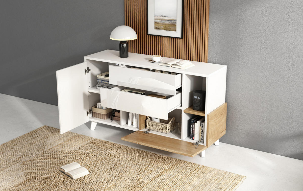 SIDEBOARD 130/40/70 cm, Weiß hochglänzend mit Hell-Eiche Akzenten, 2 Schubladen und Türen, skandinavischer Minimalismus, Weiß und Licht Eiche - Weiß, Holzwerkstoff (130/70/40cm) - Redom