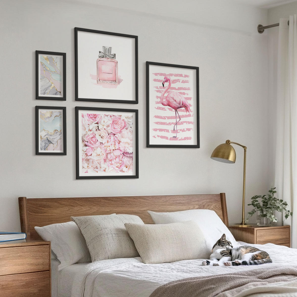 BILDER SET 5er Set - 50x50 cm & 20x30 cm & 40x60 cm Schwarzer Rahmen - Rosa Blumen Marmor Pastell - Schwarz, Kunststoff (40/60cm) - TULUP