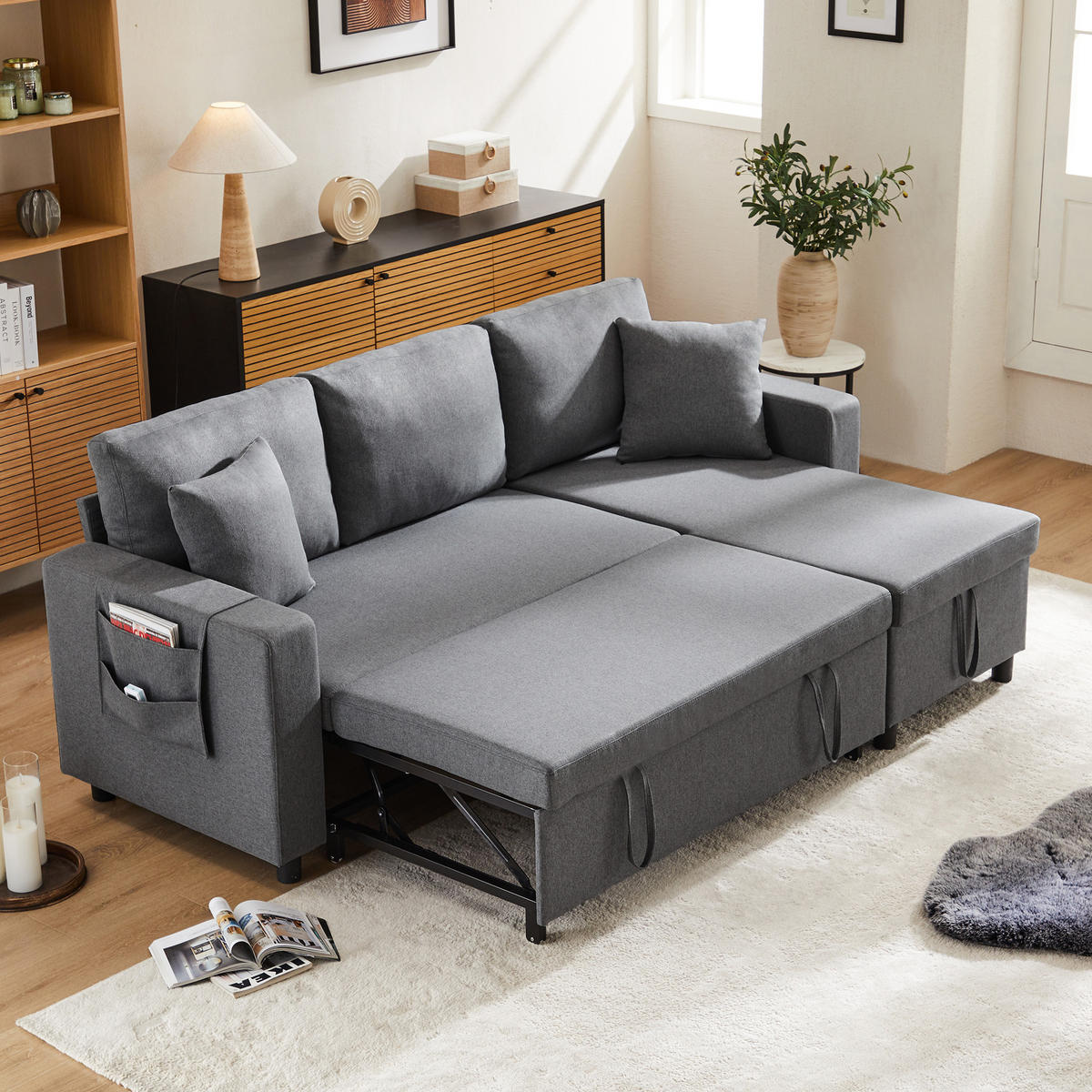 SCHLAFSOFA L-Form mit Stauraum und wechselbarer Chaiselongue - Dunkelgrau, Textil (219.5/83/142.5cm)