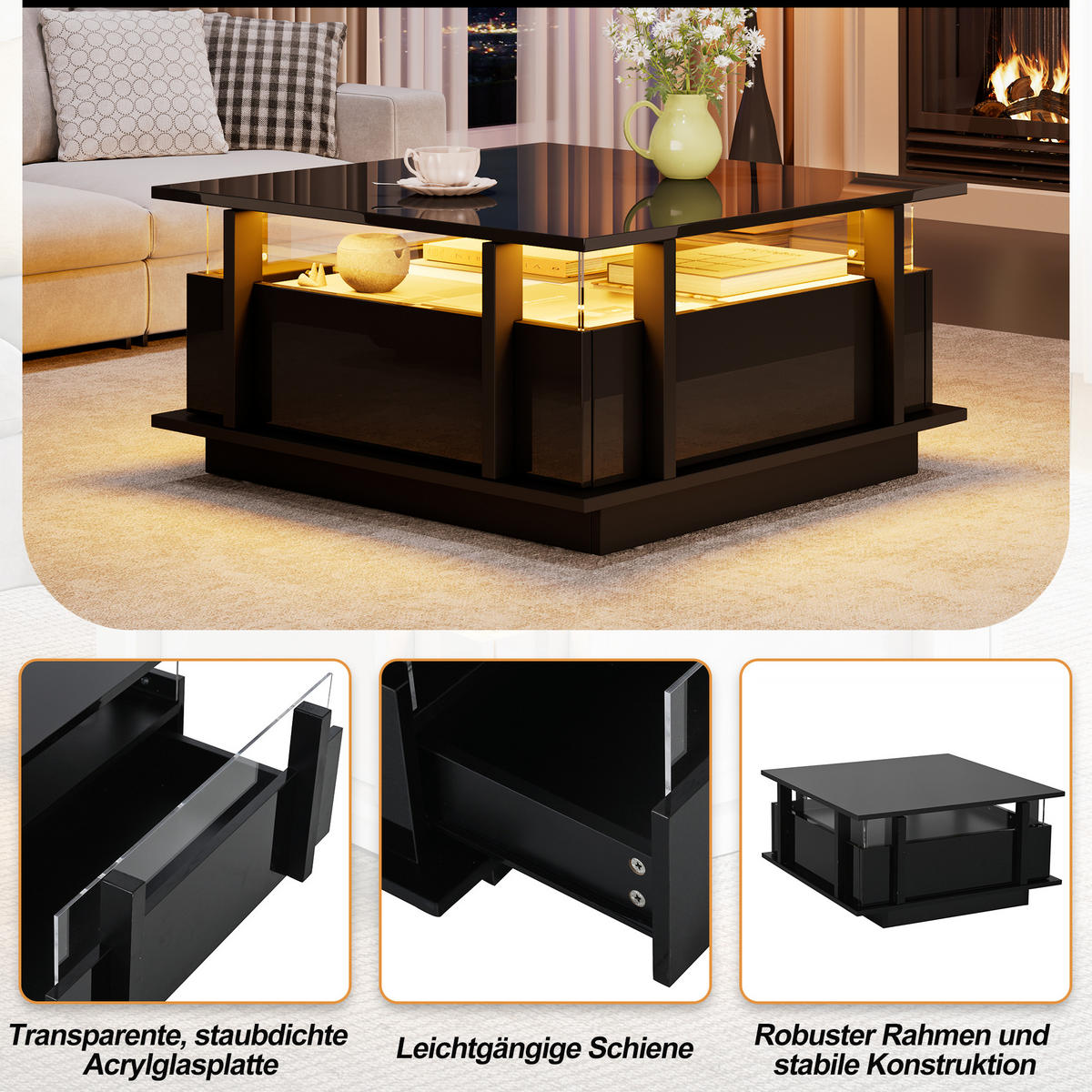 COUCHTISCH LED Schwarz Hochglanz 2 Schubladen Acryl 70x70x35cm - Schwarz, Holzwerkstoff (70/70/35cm) - FLIEKS