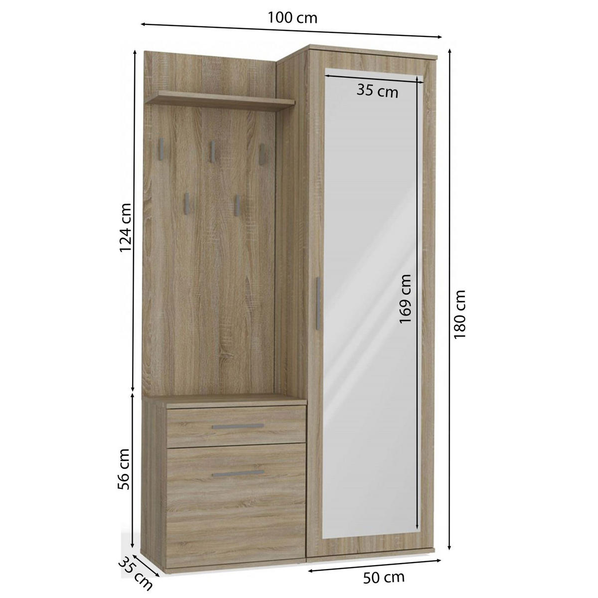 FLURMÖBEL-SET Duvio Eiche Sonoma - Silberfarben/Sonoma Eiche, Holzwerkstoff/Kunststoff (100/35/180cm) - Selsey