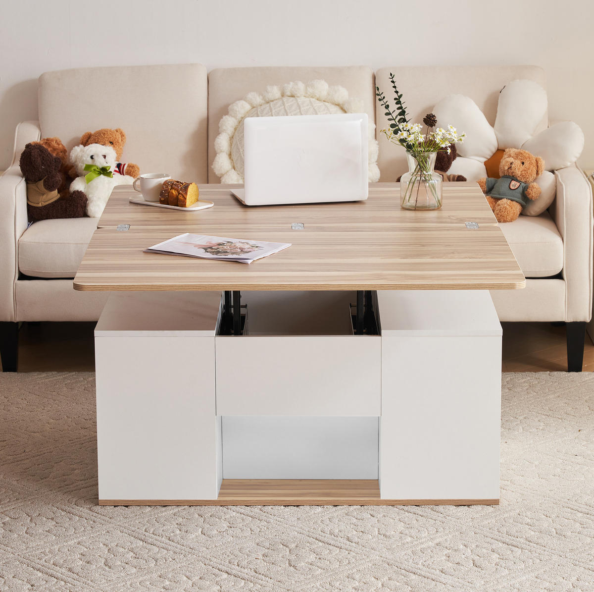 COUCHTISCH höhenverstellbar 100 x 51 cm Weiß mit Stauraum - Weiß, Holzwerkstoff (100/51/47cm) - Meubliv