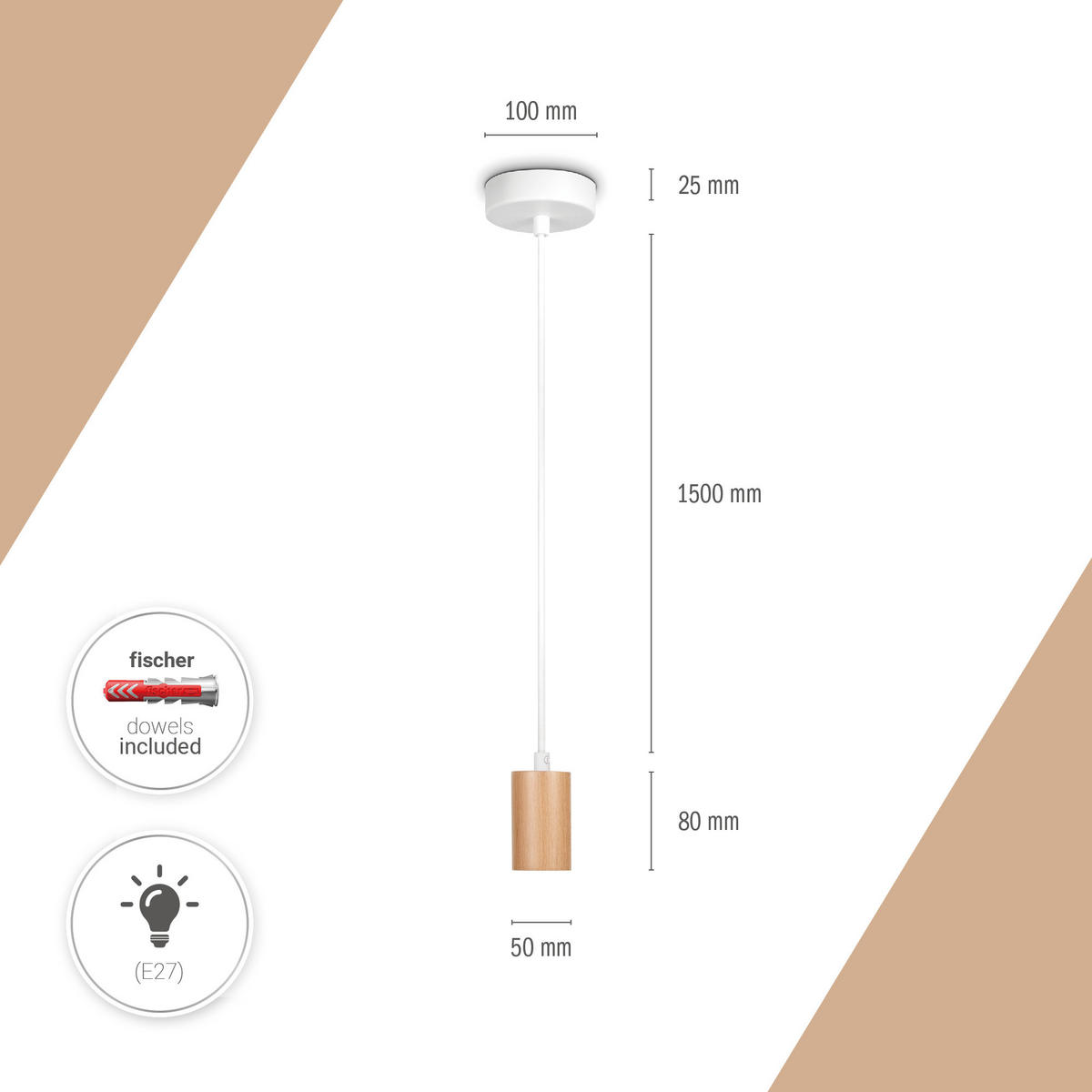PENDELLEUCHTE Hugo - Naturfarben, Holz (5/5/8.4cm) - Paco Home