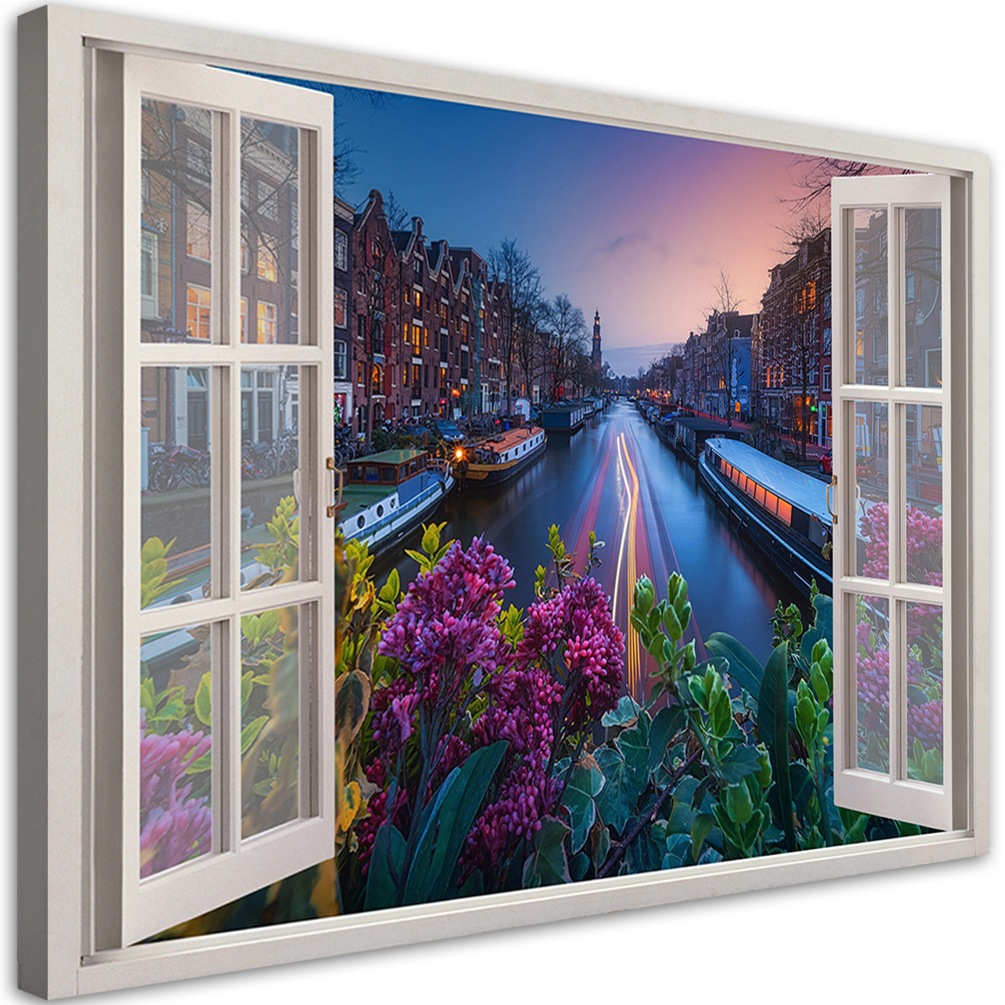 WANDBILD fensterblick stadtbild von amsterdam - Blau, Textil (60/40cm) - Feeby