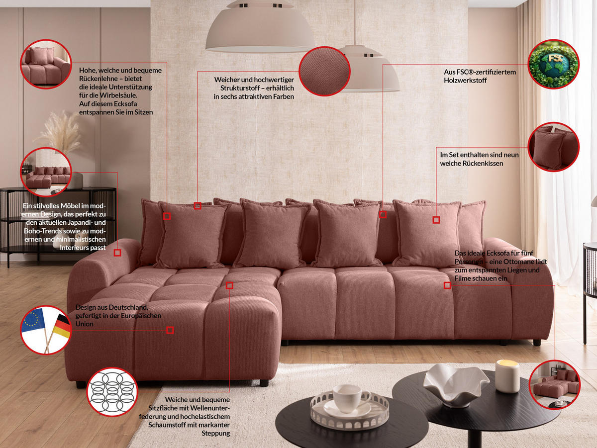 ECKSOFA Bubble mit losen Rückenkissen und Sitzfläche in Bubble-Optik aus weichem Terrakotta Strukturstoff mit schöner Sitzkomfort - Ottomane links - Terracotta/Schwarz, Holz/Kunststoff (180/306cm) - S-Style Möbel