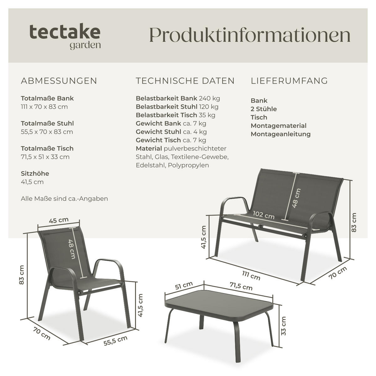 SITZGRUPPE Nora,mit getönter Sicherheitsglasplatte,anthrazit - Anthrazit, Naturmaterialien/Textil - tectake