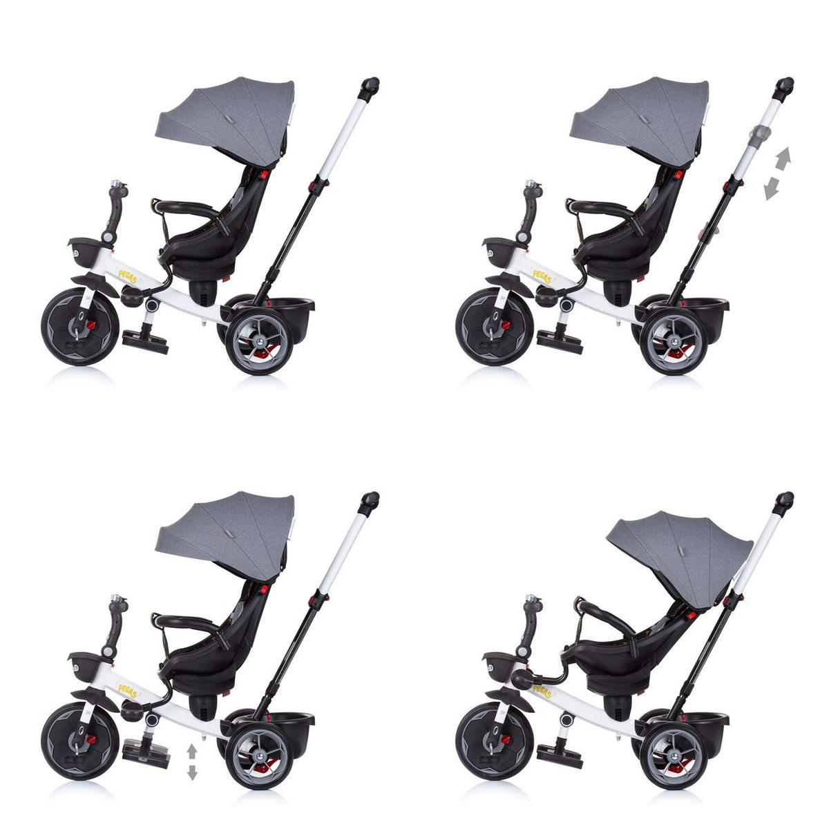 DREIRAD Pegas 4 in 1 grau Sitz umkehrbar, Schiebestange, Dach - Grau, Metall (85/52/93cm) - Chipolino