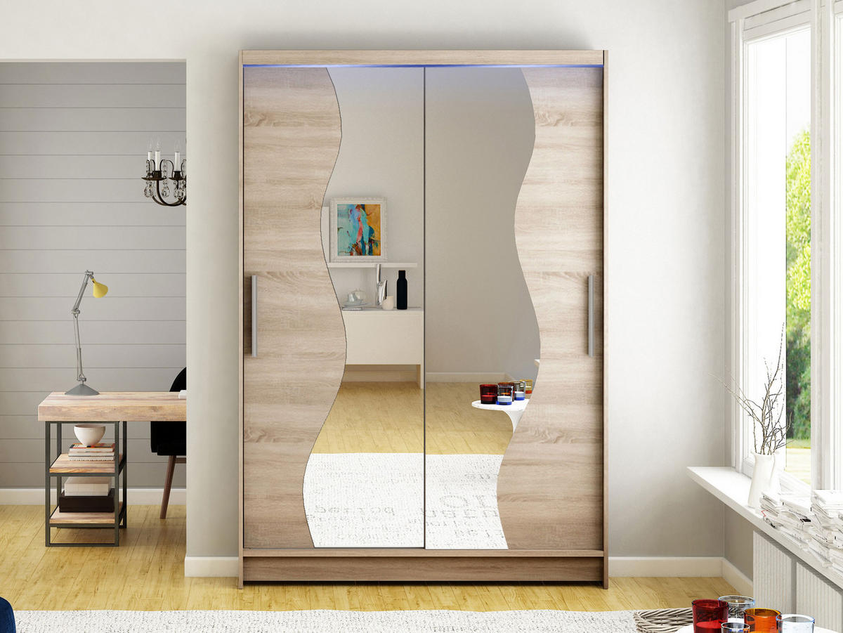 KLEIDERSCHRANK Miami S, mit RGB LED Beleuchtung - Silberfarben/Trüffeleichefarben, Holzwerkstoff/Kunststoff (120/200/58cm) - MIRJAN24