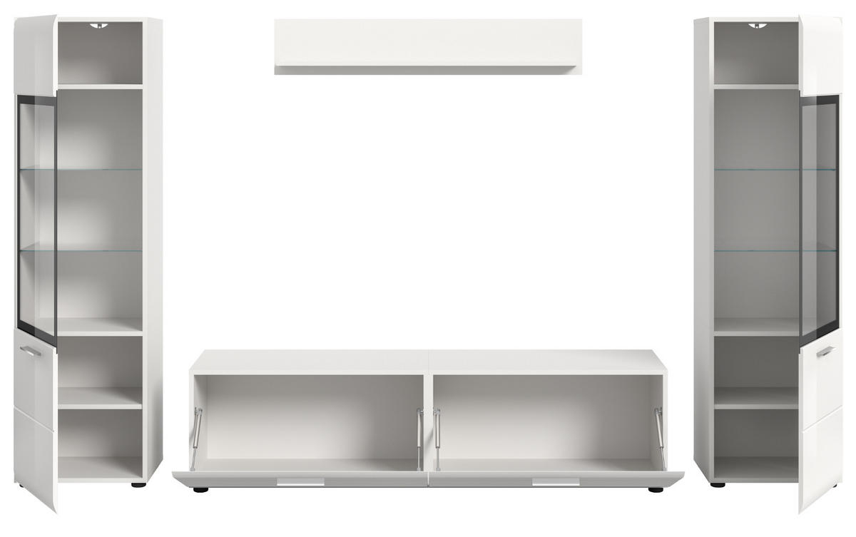 WOHNWAND weiß Hochglanz 4-teilig 280 cm, Schrankwand mit 2 Vitrinen - Weiß Hochglanz/Silberfarben, Glas/Holzwerkstoff (280/160/41cm) - Inn.Furn