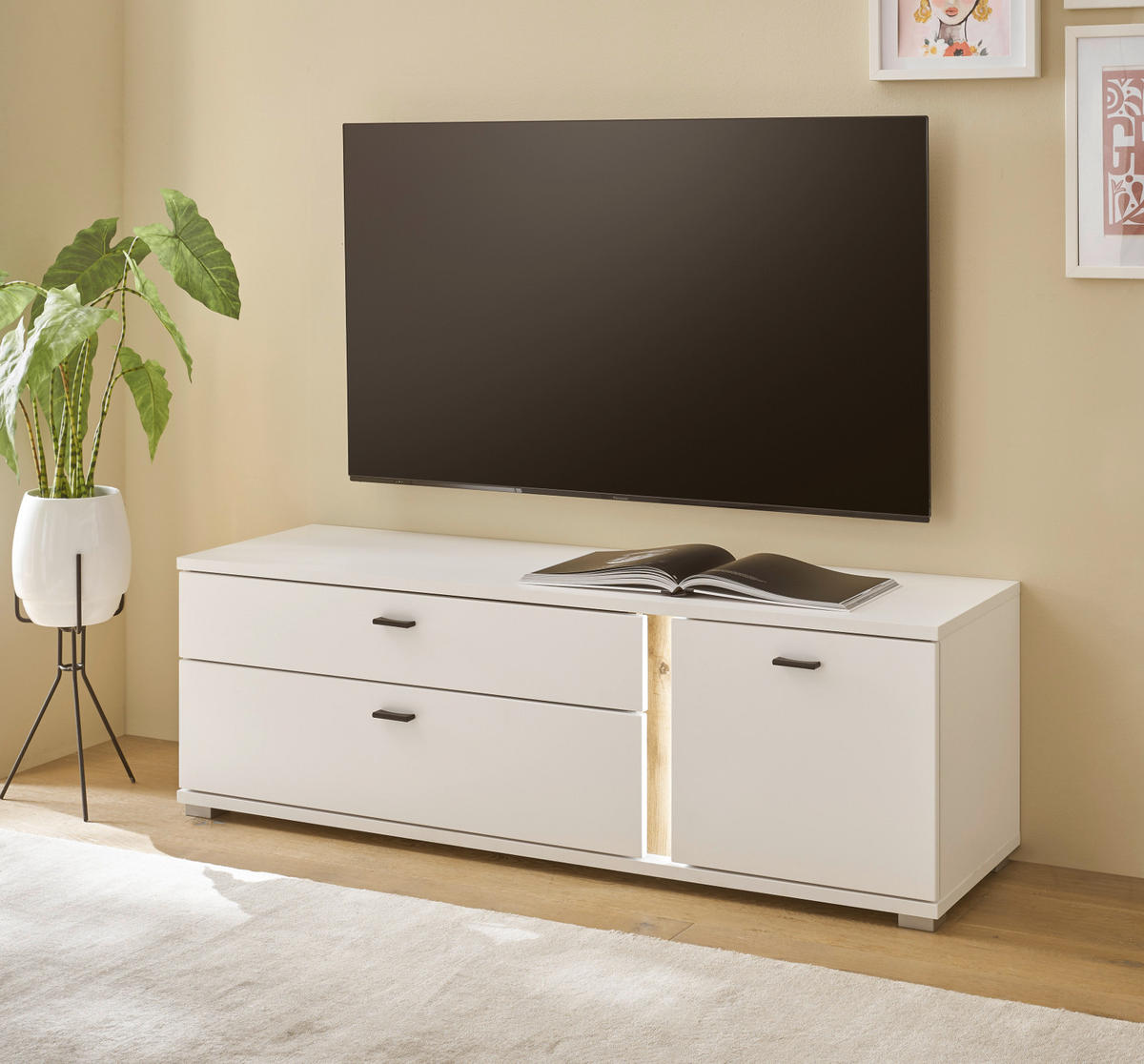 TV-LOWBOARD weiß matt, Eiche Wotan, TV Unterteil inklusive Frontbeleuchtung 150 cm - Silberfarben/Eiche Wotan, Holzwerkstoff/Kunststoff (150/48/42cm) - Furn.Design