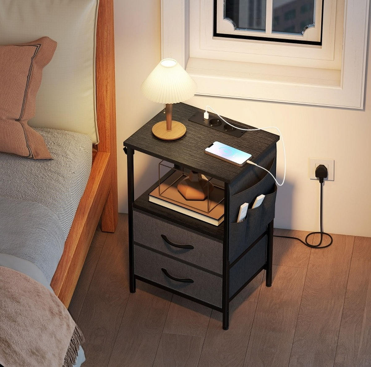 BEISTELLTISCH 40/30/60 cm in Schwarz mit Ladestation, Schubladen & offenem Fach - Schwarz, Holz (40/30/60cm) - BEAOK