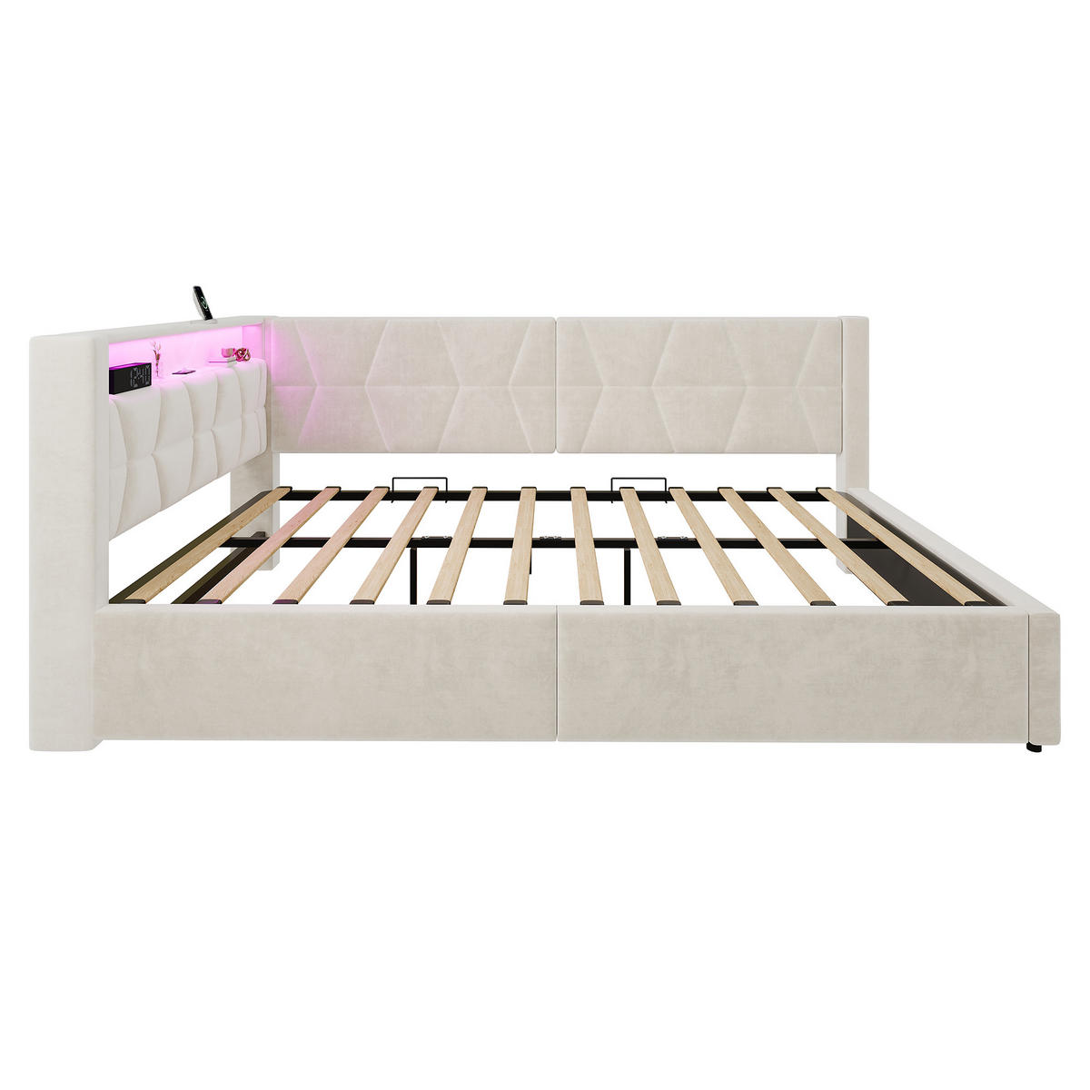 POLSTERBETT 140/200 cm in Beige mit Bettkasten, LED, USB und Type-C aus Samt mit Kopfteil - Beige, Holzwerkstoff/Textil (140/200cm) - STILVORA