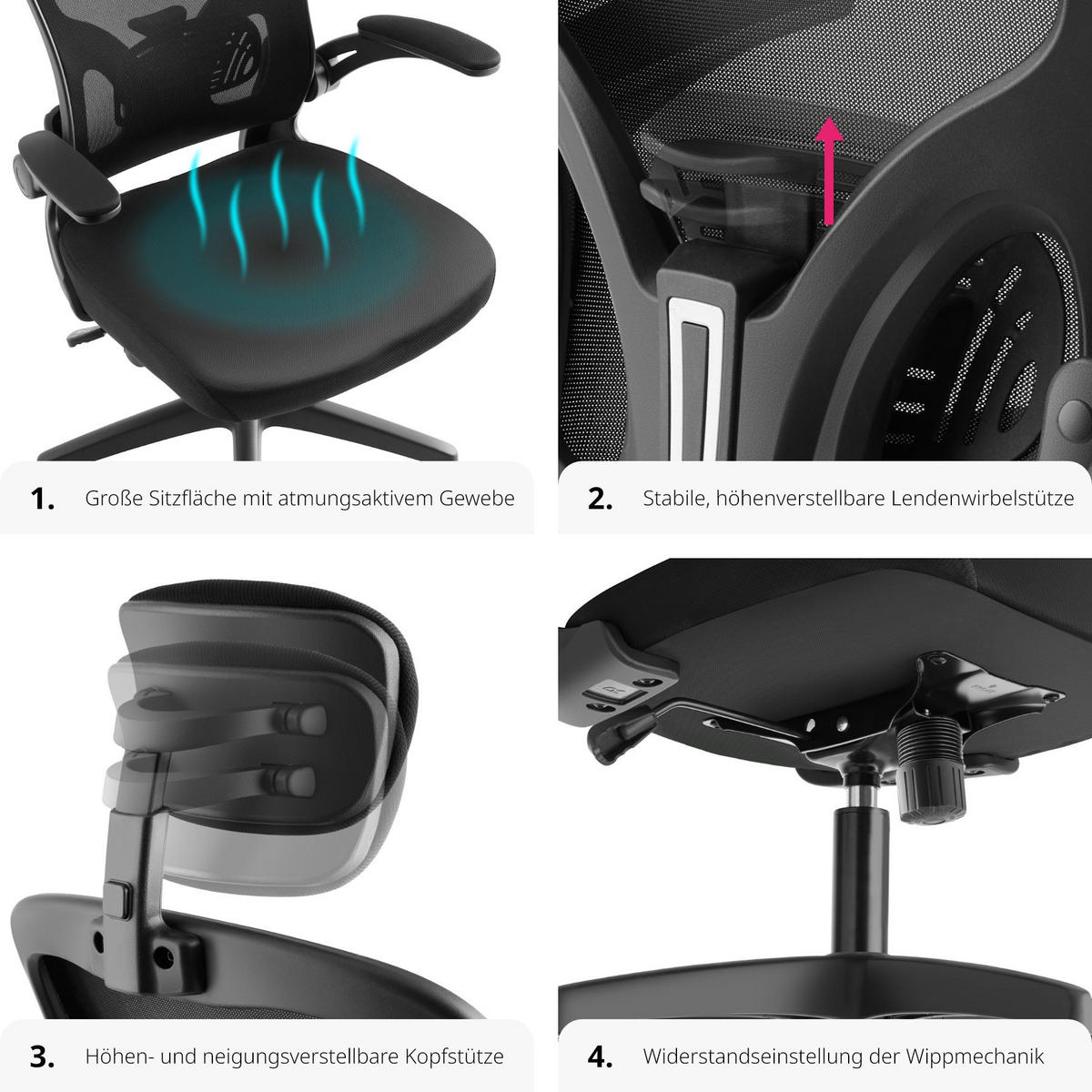 BÜROSTUHL Arges, stufenlos höhenverstellbar, schwarz - Schwarz, Kunststoff (68/131/63cm) - tectake
