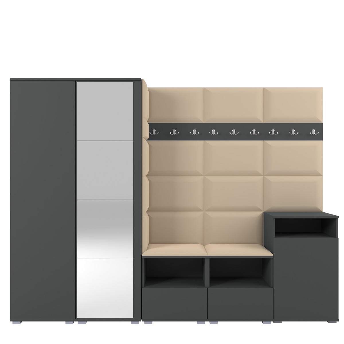 GARDEROBE NELA VIII 250 cm (Modulare Flurmöbel Graphit mit Spiegel & Sitzpolster Beige 04 Set XL) - Beige/Silberfarben, Holz/Holzwerkstoff (250/187/40cm) - Ravio