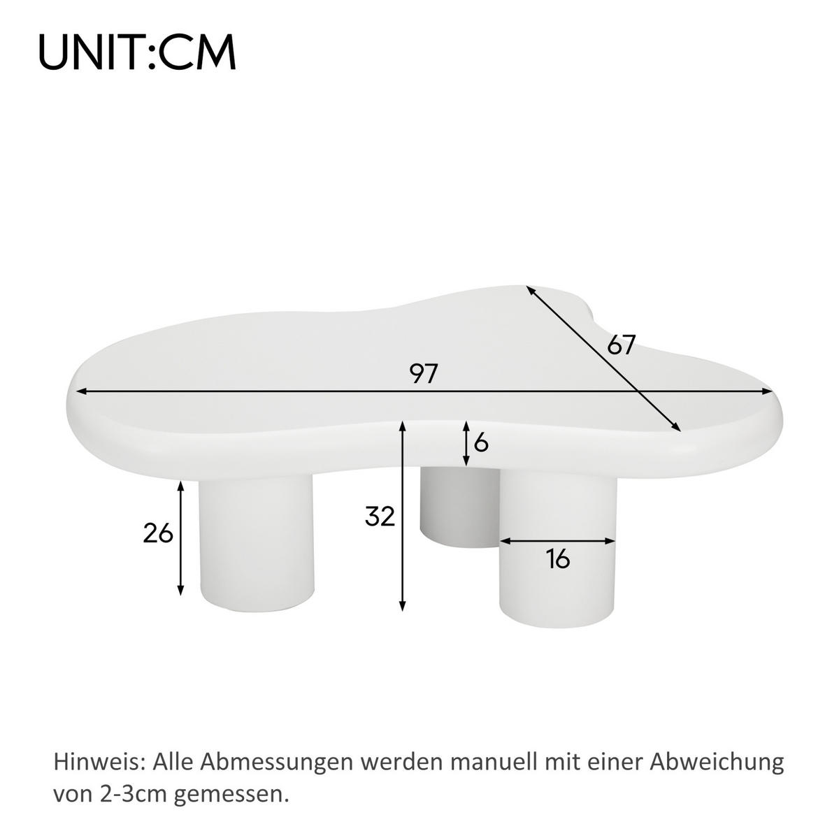 COUCHTISCH 97/67/32 cm in Weiß aus MDF in Wolkenform mit lackierter Oberfläche - Weiß, Holzwerkstoff (97/67/32cm) - Flora Grace