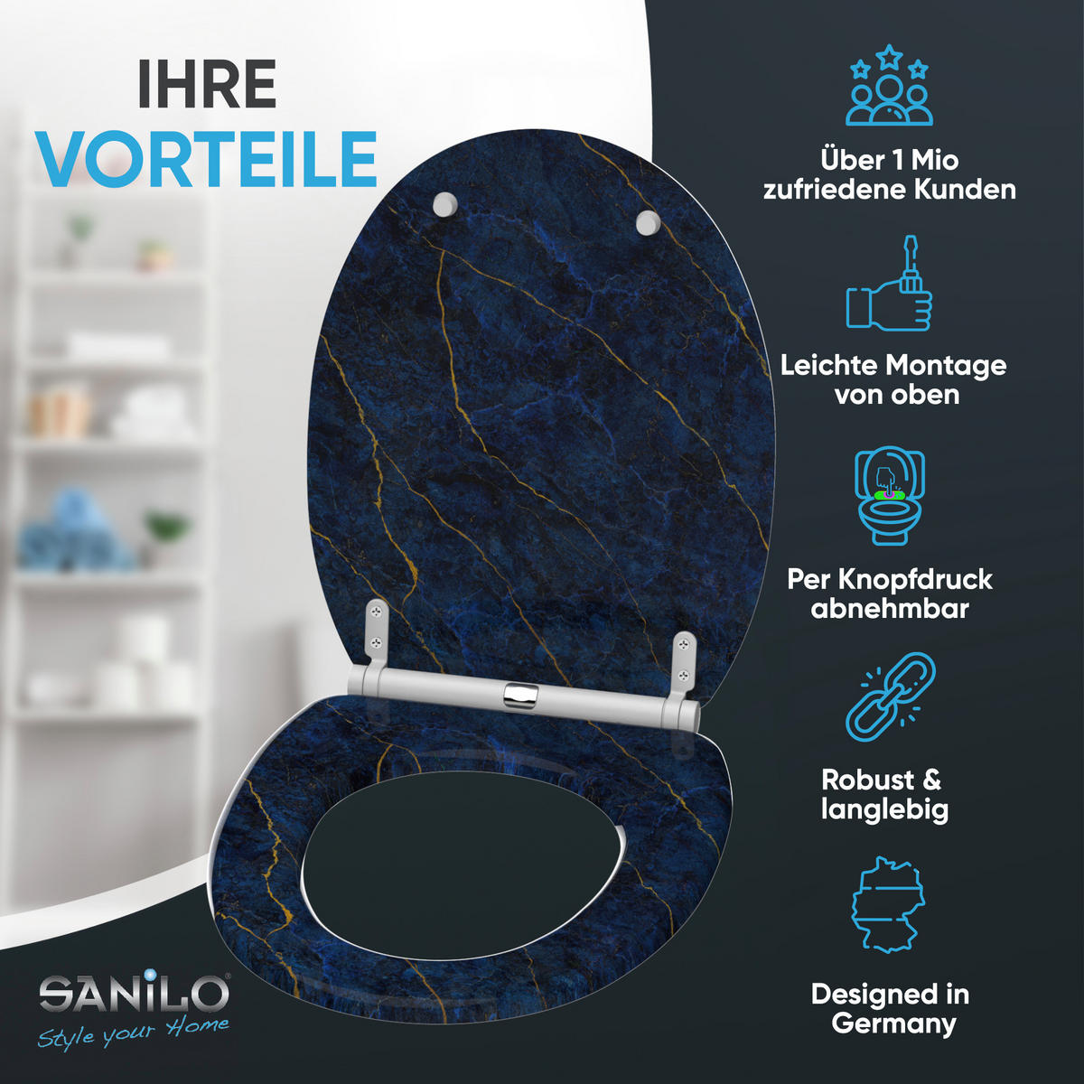 WC-SITZ mit Absenkautomatik & Top Fix Marmor Darkblue - Blau, Holzwerkstoff (37.7/5.5/48cm) - Sanilo