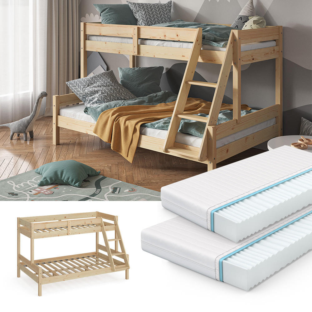 ETAGENBETT Everest Naturholz 120x200/80x200 cm mit 2 Matratzen - Naturfarben, Holz (120/200cm) - VitaliSpa