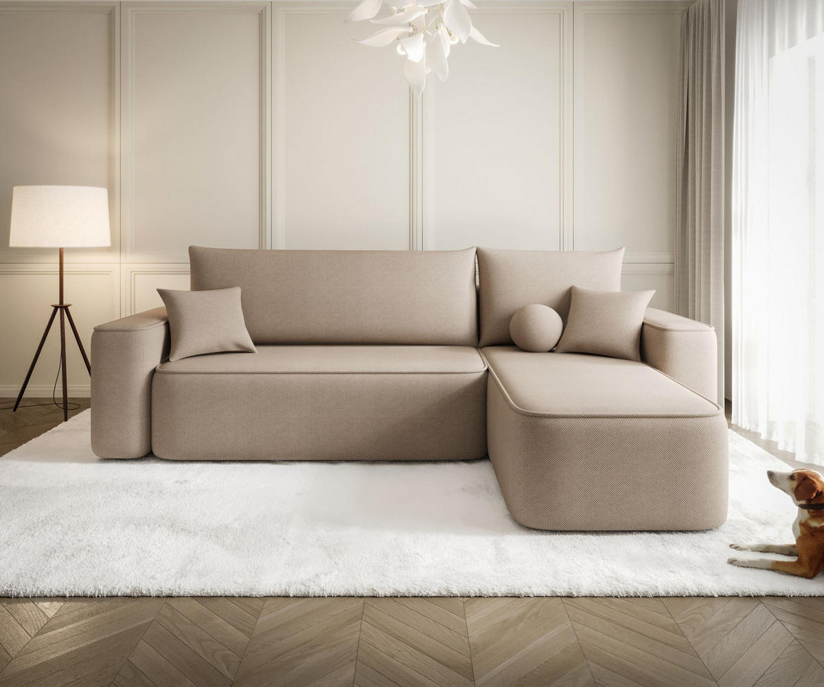 ECKSOFA TEXAS rechts hellbraun Strickstoff Curio 15 - Schlaffunktion, Bettkasten - Eichefarben, Textil (250/149cm) - Cornero