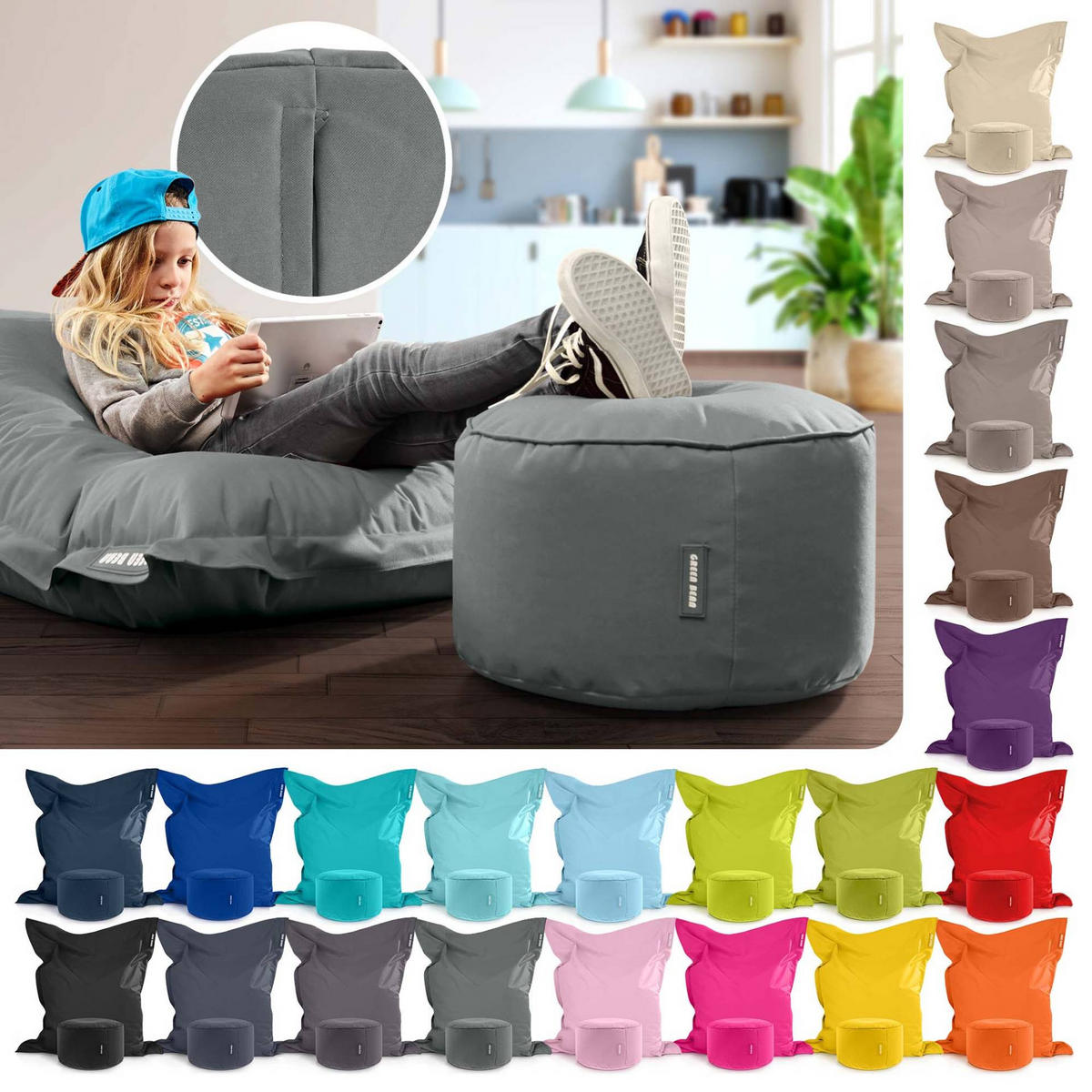 XXL-SITZSACK + Pouf 2er Set - 140x180cm - Grau, Textil (140/25/180cm) - Green Bean