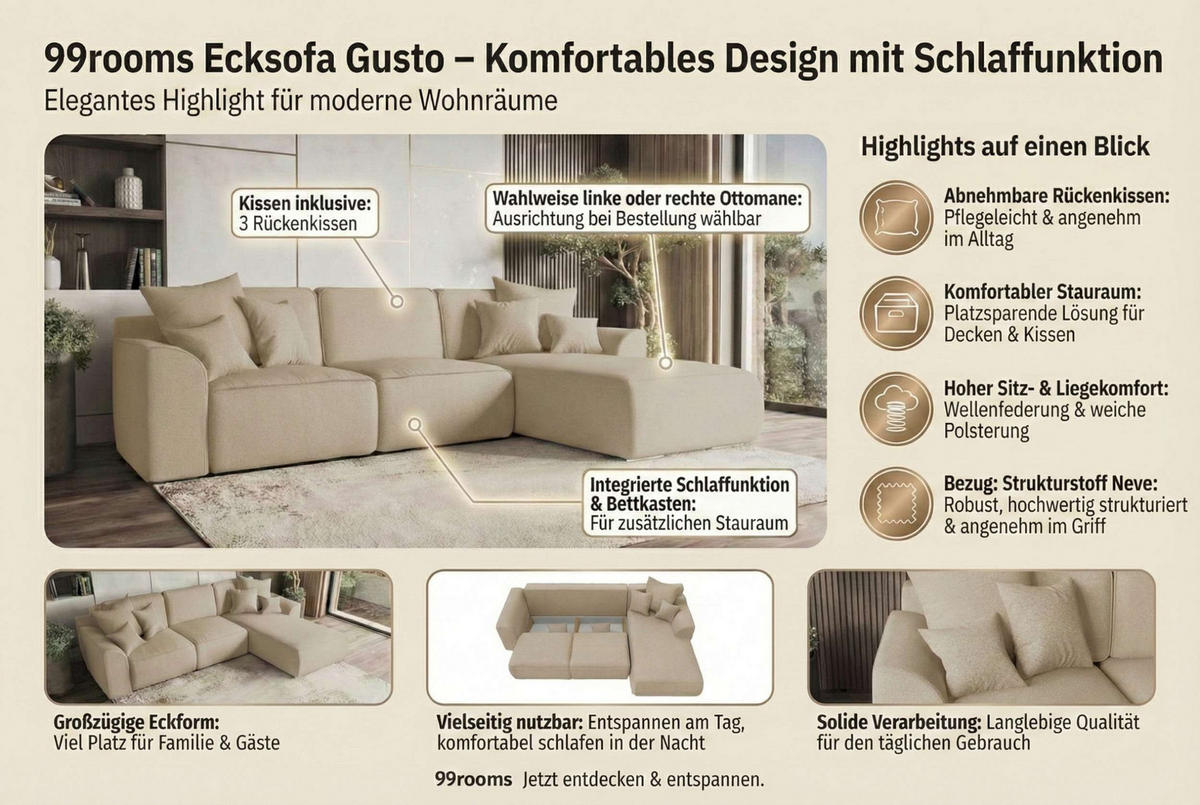 ECKSOFA GUSTO Strukturstoff Beige Rechts inkl. Schlaffunktion - Chromfarben/Beige, Kunststoff/Textil (295/194cm) - 99rooms