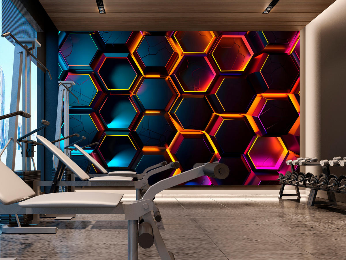 FOTOTAPETE für Jugendzimmer Schwarz Neon Hexagone 400x280 - Gelb/Schwarz, Papier (400/280cm) - Muralo