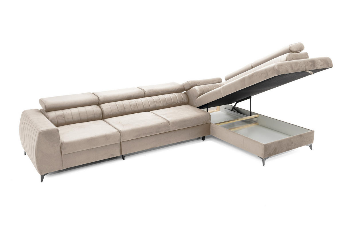 ECKSOFA PIERO MAXI Rechts mit Schlaffunktion 195x125 Velours Beige - Beige/Schwarz, Holz/Textil (203/350cm) - Muffo