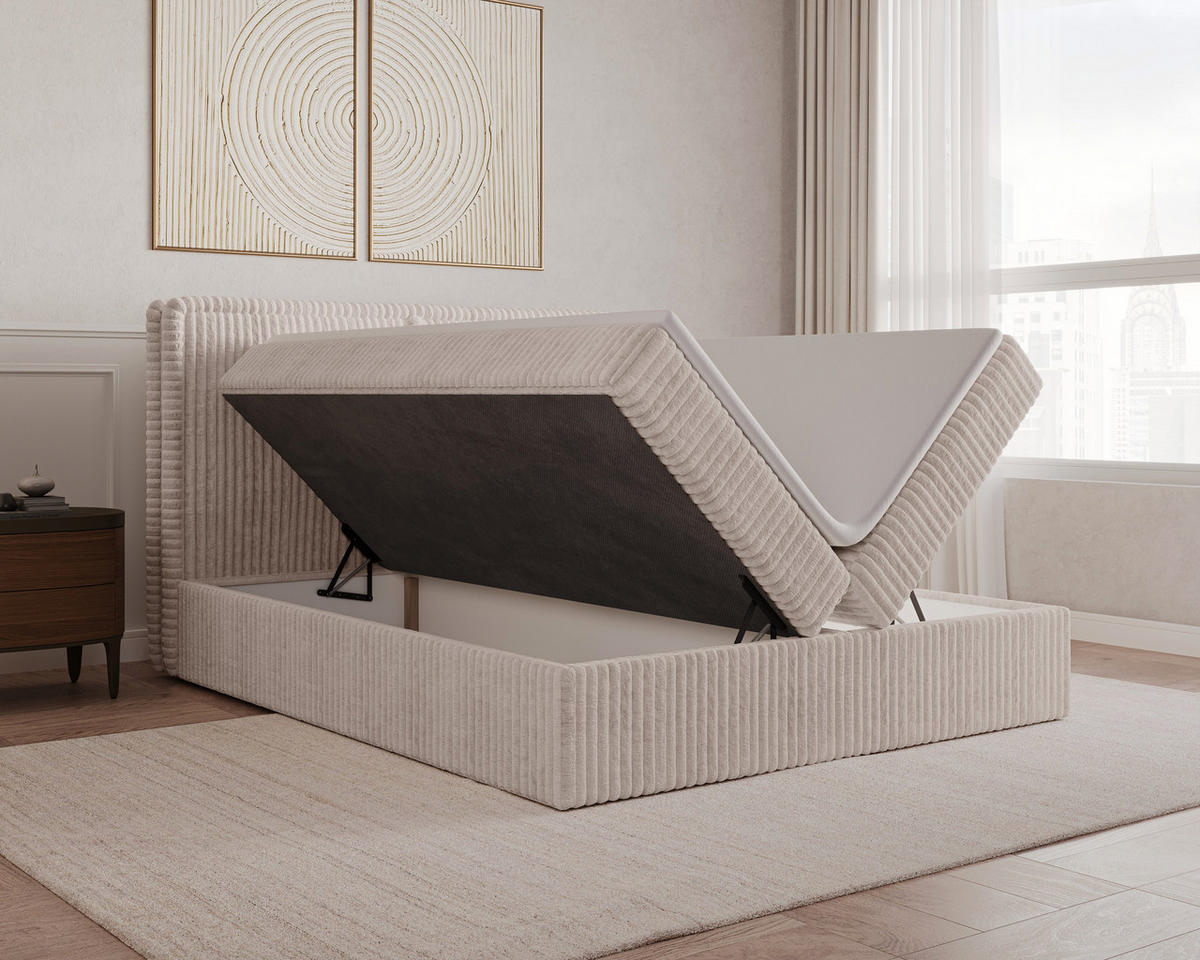 BOXBETT 04 140 x 200 cm - Ambience – Modernes Polsterbett mit Bettkasten, Topper und gepolstertem Kopfteil, Stoffbezug, Stauraumbett - Braun, Holz (140/200cm) - ROYAL24_MARKT
