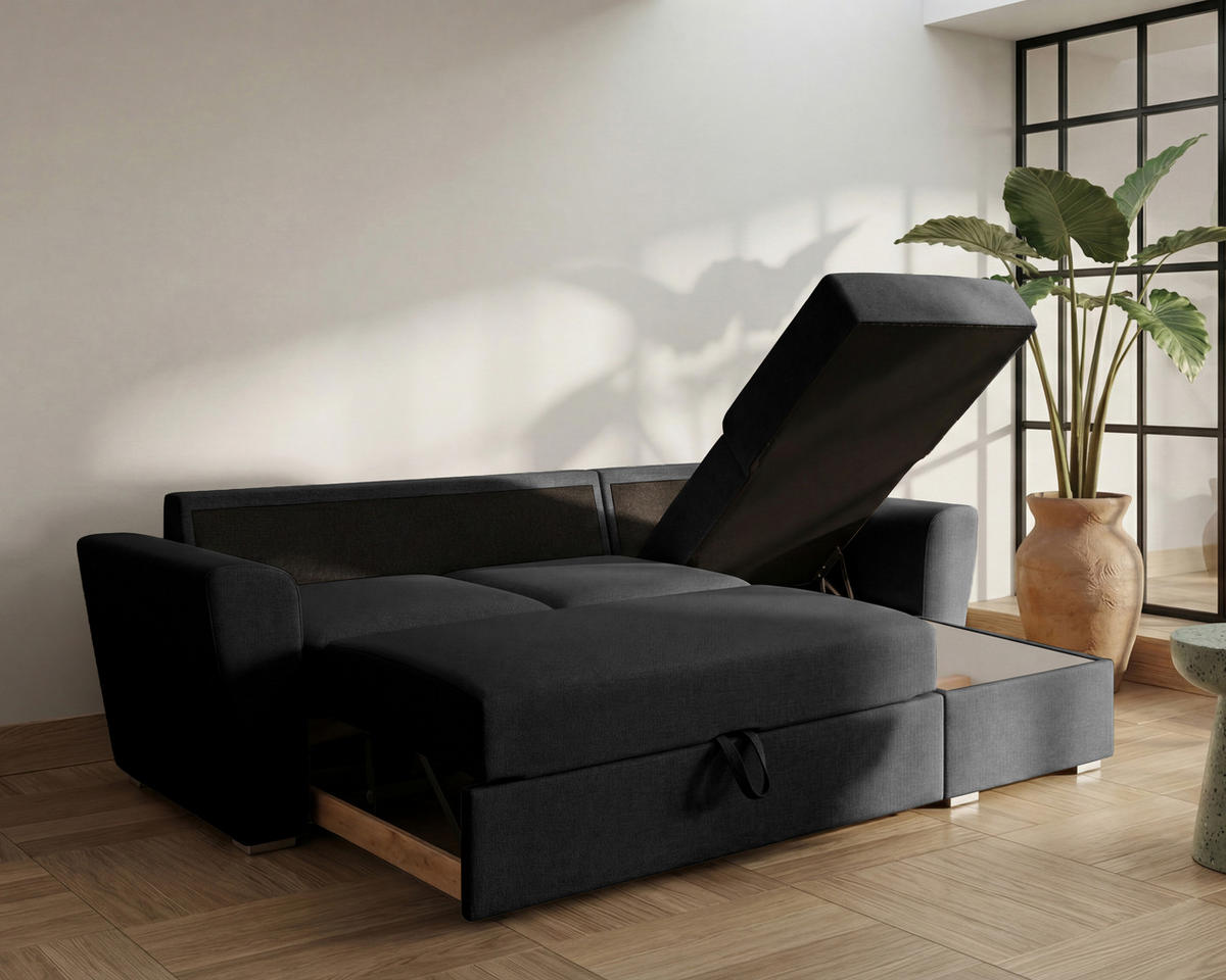 ECKSOFA Bellano Ecksofa L-Form - links oder rechts montierbar, schwarz - Schwarz, Holz (243/156cm) - Homesy
