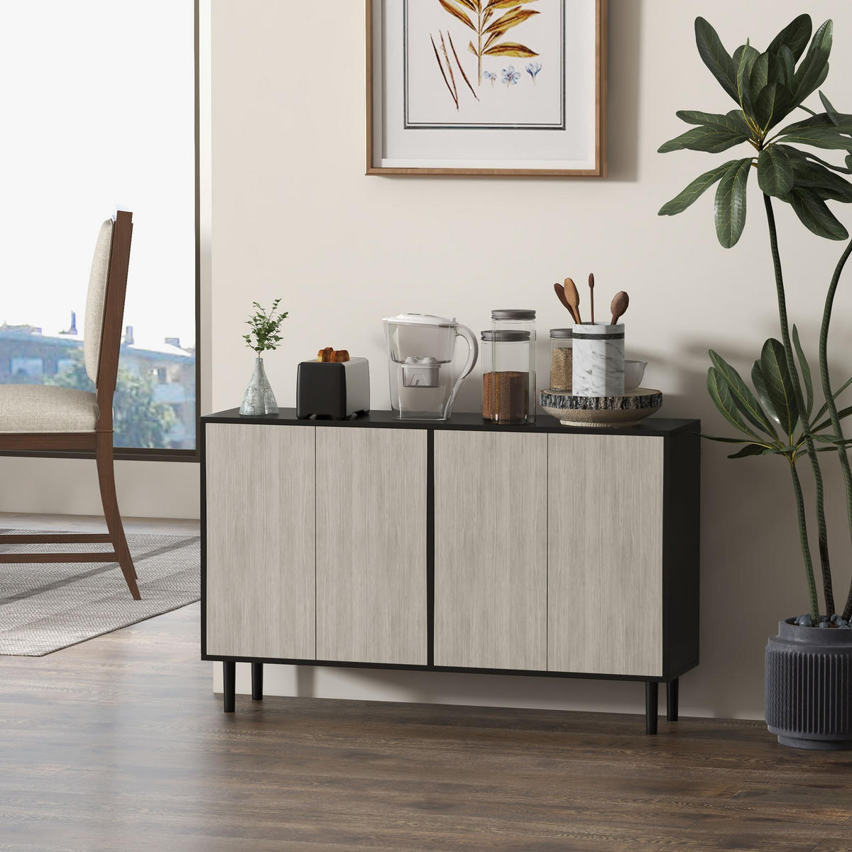 SIDEBOARD Schwarz und Grau, 2 Doppeltüren, 121/37/75 cm - Schwarz, Holz (121/75/37cm) - PANGIVO