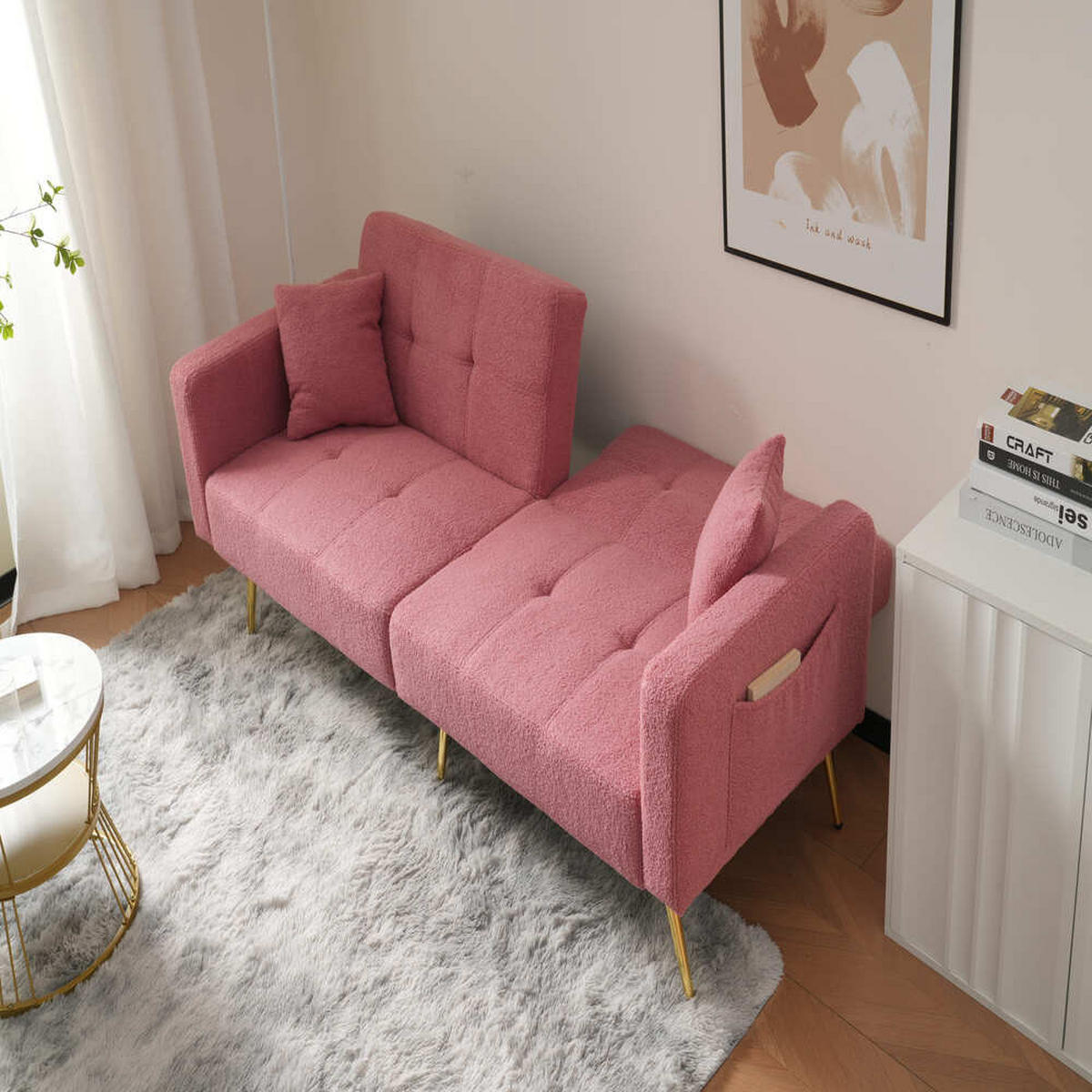 SOFA Schlaffunktion Verstellbar Goldene Beine Aufbewahrungstaschen Kissen - Pink, Holz (90.93/18.42/80.26cm) - FLIEKS